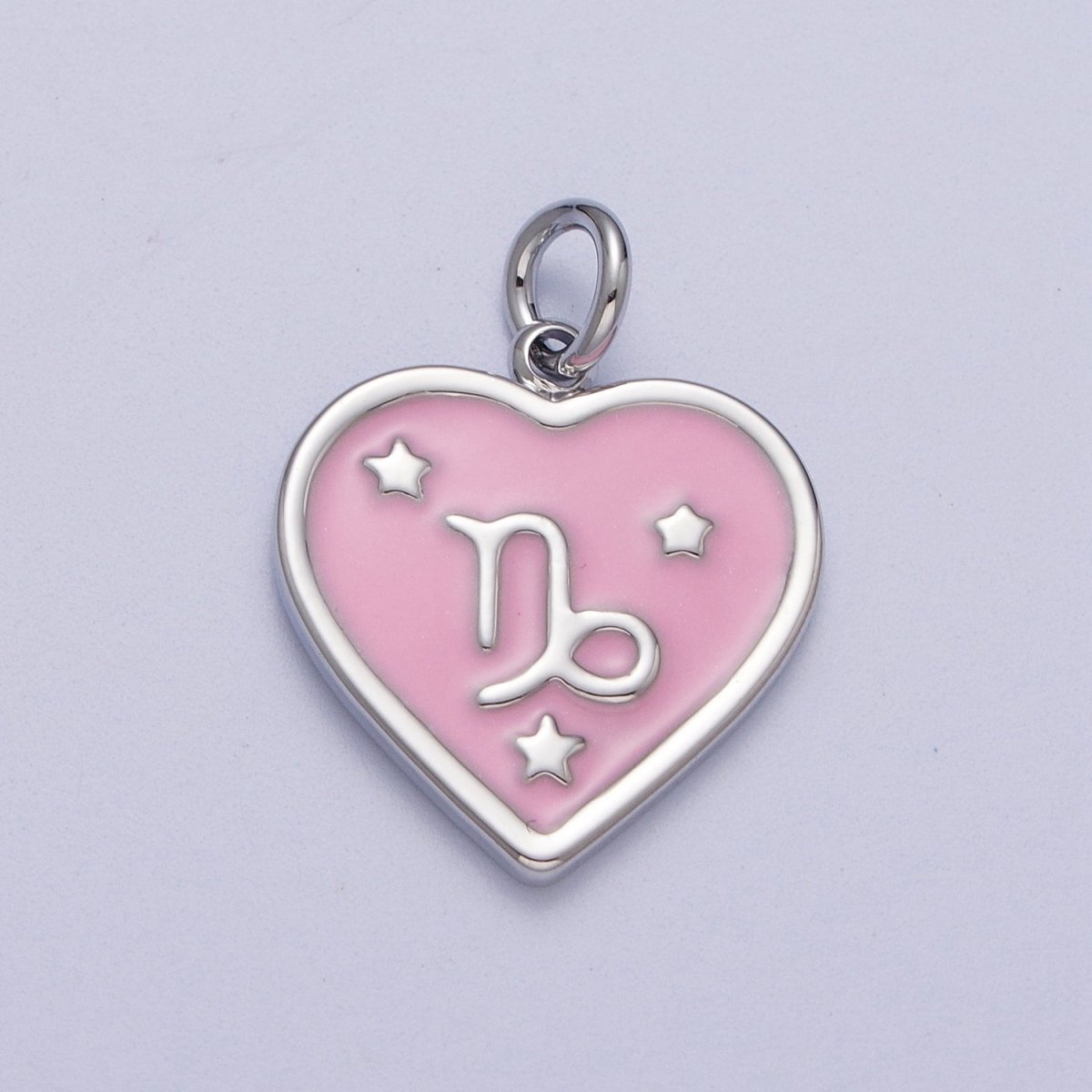 White Gold Filled Heart Pink Enamel Zodiac Constellation Astrology Birth Star Sign Silver Charm | A-A1737-A-A1742