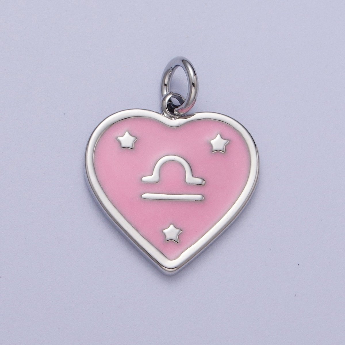 White Gold Filled Heart Pink Enamel Zodiac Constellation Astrology Birth Star Sign Silver Charm | A-A1737-A-A1742