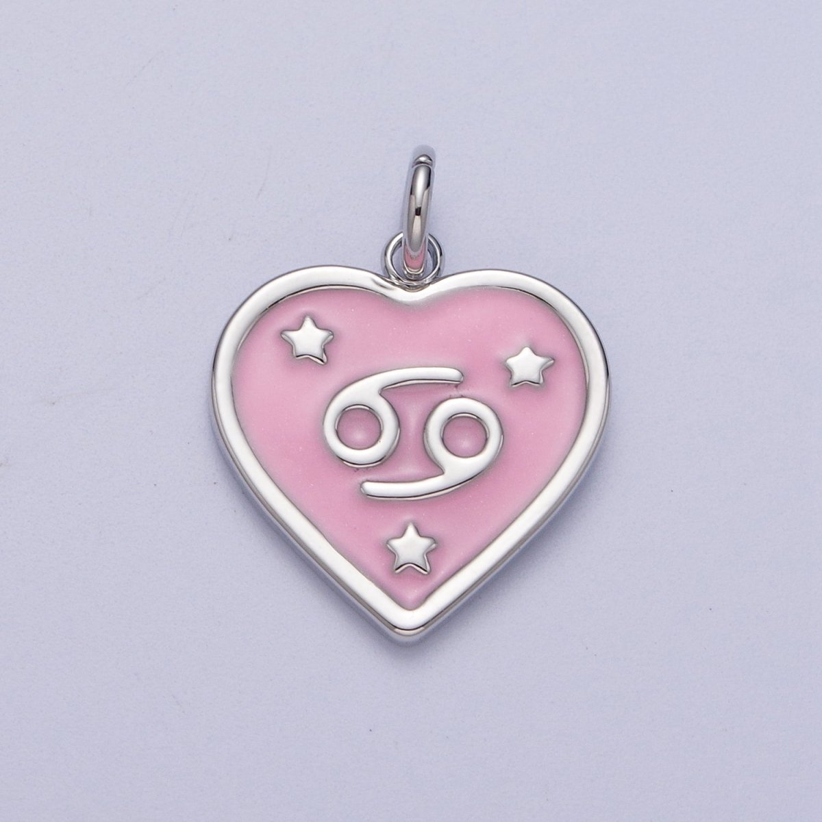 White Gold Filled Heart Pink Enamel Zodiac Constellation Astrology Birth Star Sign Silver Charm | A-A1737-A-A1742