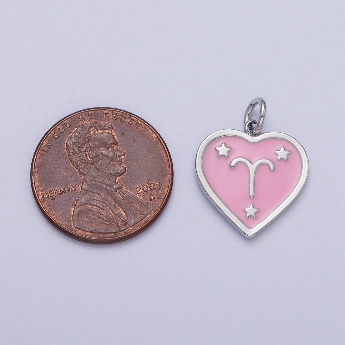White Gold Filled Heart Pink Enamel Zodiac Constellation Astrology Birth Star Sign Silver Charm | A-A1737-A-A1742