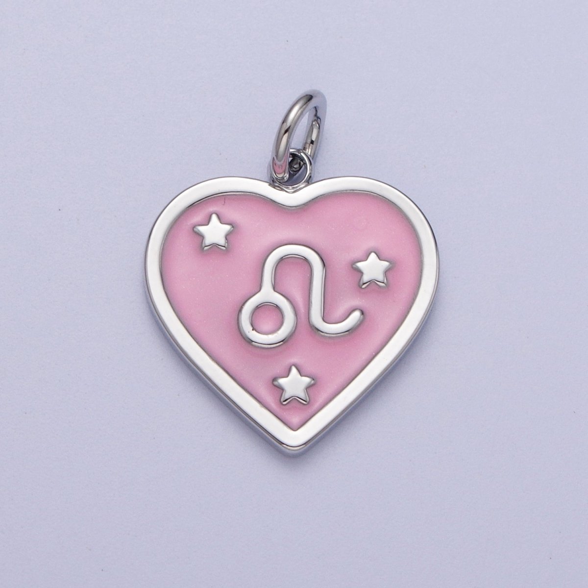 White Gold Filled Heart Pink Enamel Zodiac Constellation Astrology Birth Star Sign Silver Charm | A-A1737-A-A1742