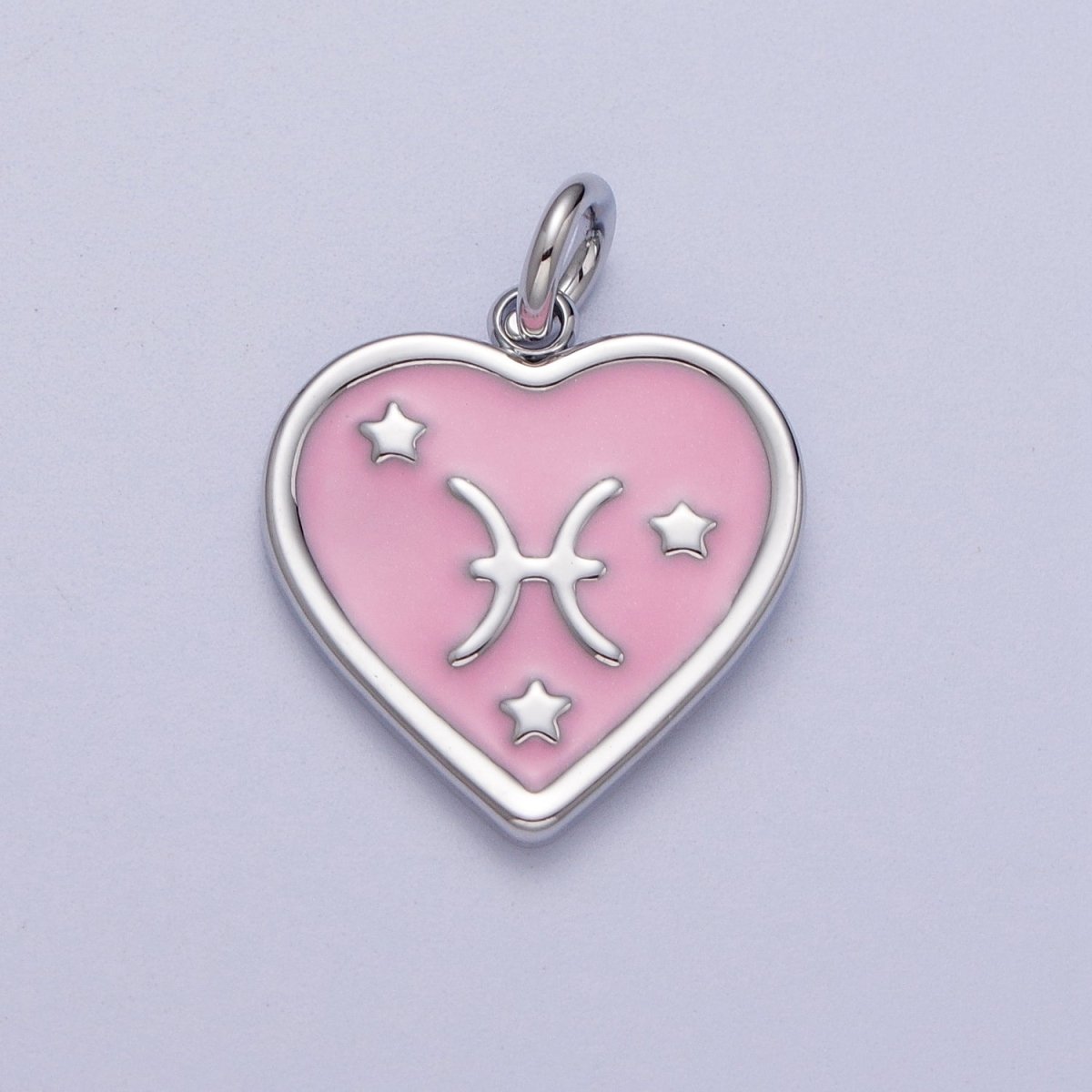 White Gold Filled Heart Pink Enamel Zodiac Constellation Astrology Birth Star Sign Silver Charm | A-A1737-A-A1742