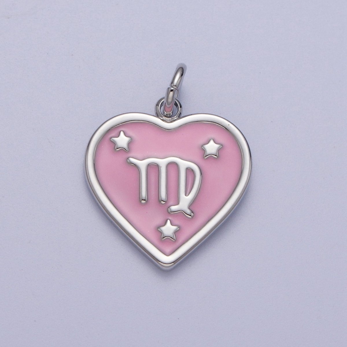 White Gold Filled Heart Pink Enamel Zodiac Constellation Astrology Birth Star Sign Silver Charm | A-A1737-A-A1742