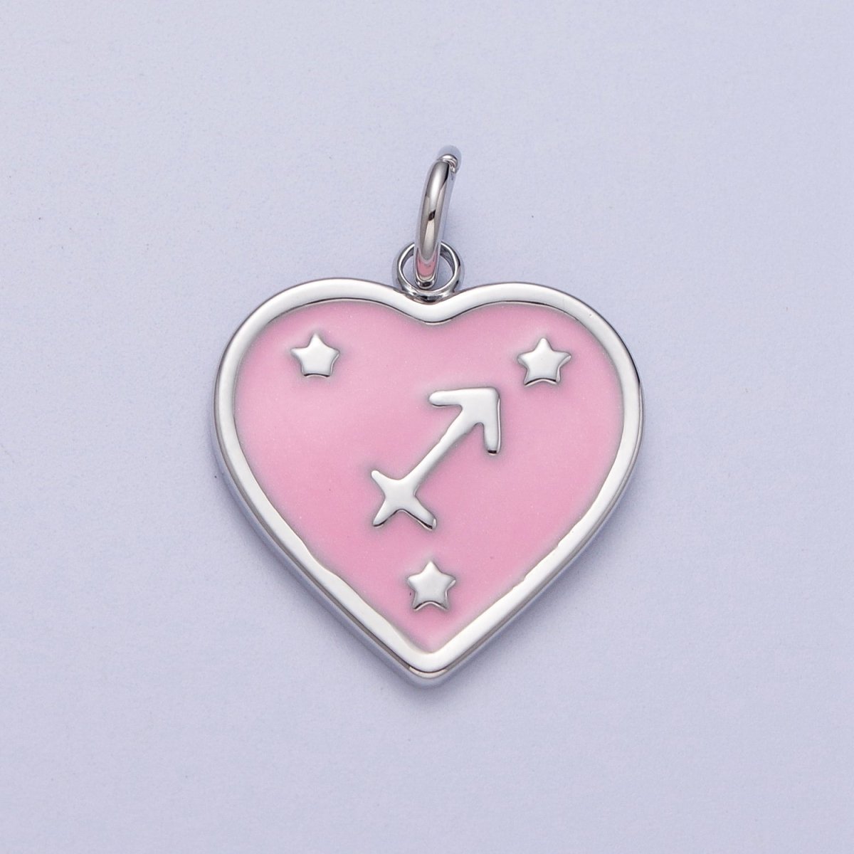 White Gold Filled Heart Pink Enamel Zodiac Constellation Astrology Birth Star Sign Silver Charm | A-A1737-A-A1742