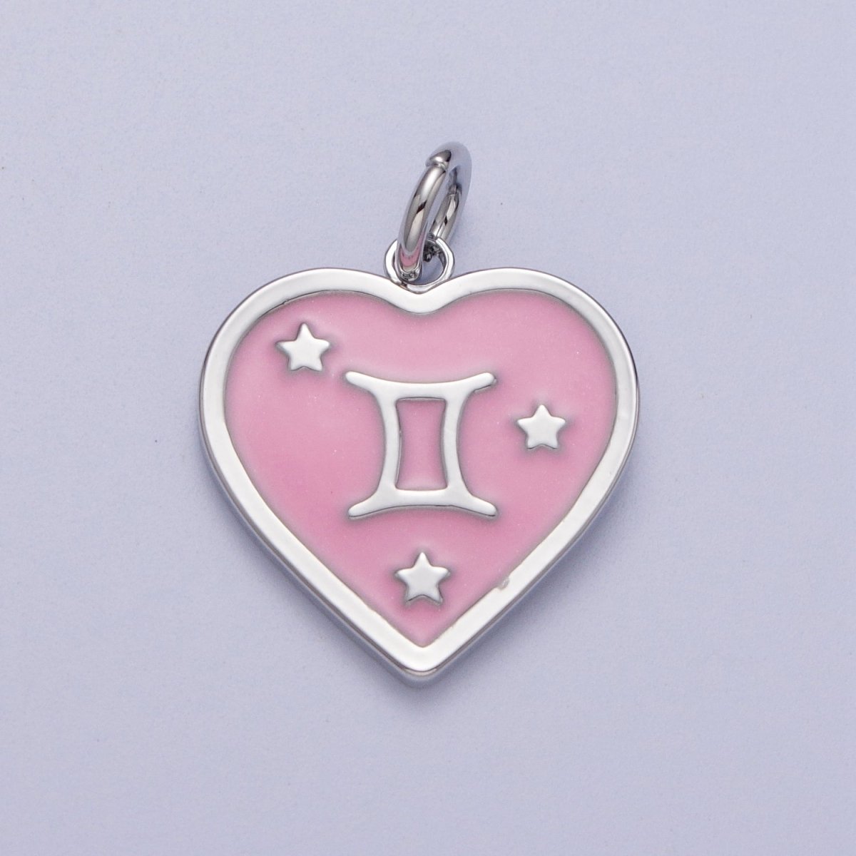 White Gold Filled Heart Pink Enamel Zodiac Constellation Astrology Birth Star Sign Silver Charm | A-A1737-A-A1742