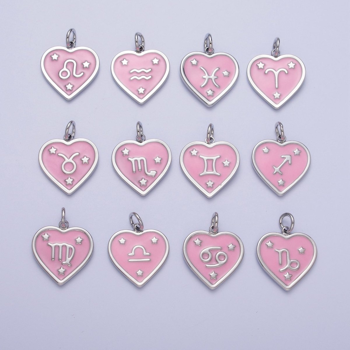 White Gold Filled Heart Pink Enamel Zodiac Constellation Astrology Birth Star Sign Silver Charm | A-A1737-A-A1742