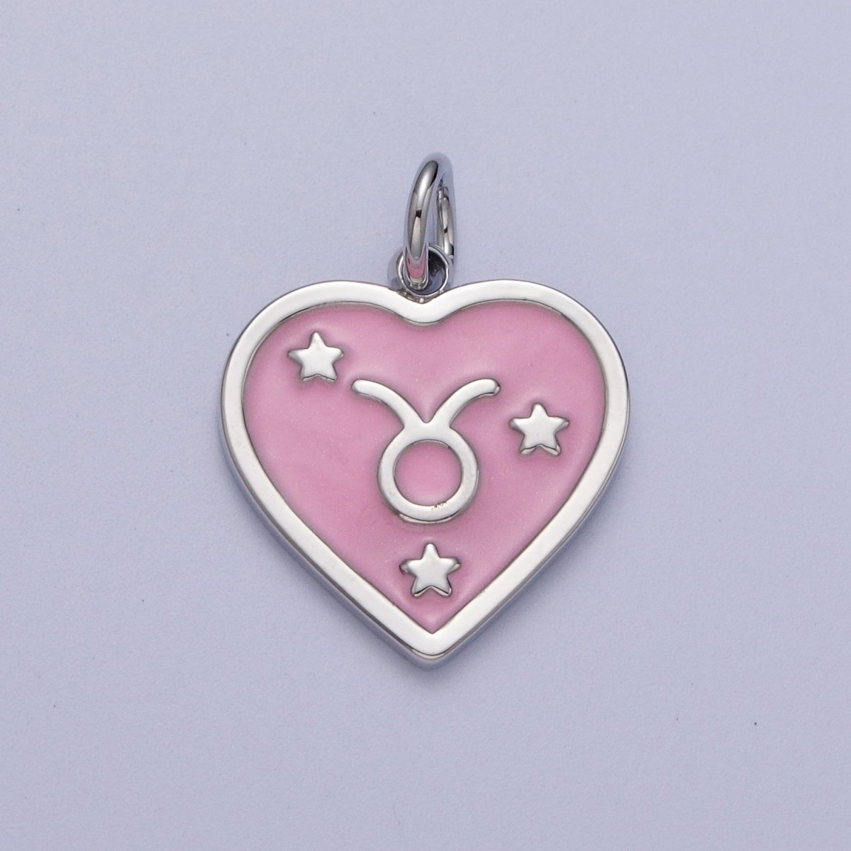 White Gold Filled Heart Pink Enamel Zodiac Constellation Astrology Birth Star Sign Silver Charm | A-A1737-A-A1742