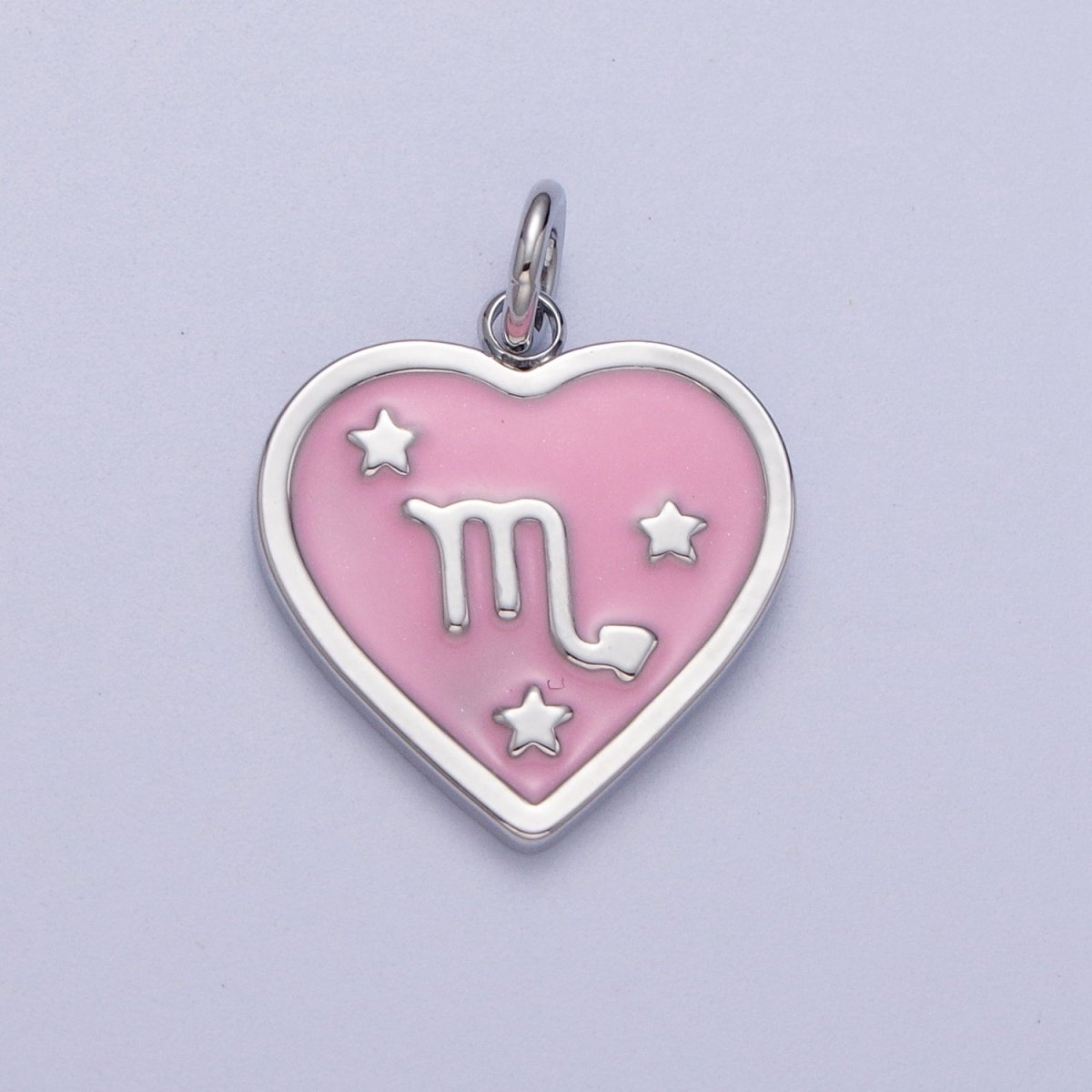 White Gold Filled Heart Pink Enamel Zodiac Constellation Astrology Birth Star Sign Silver Charm | A-A1737-A-A1742
