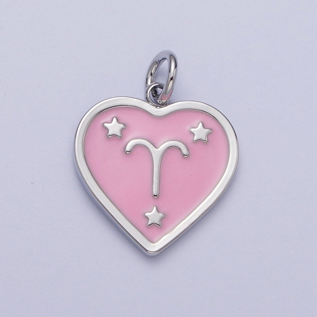 White Gold Filled Heart Pink Enamel Zodiac Constellation Astrology Birth Star Sign Silver Charm | A-A1737-A-A1742
