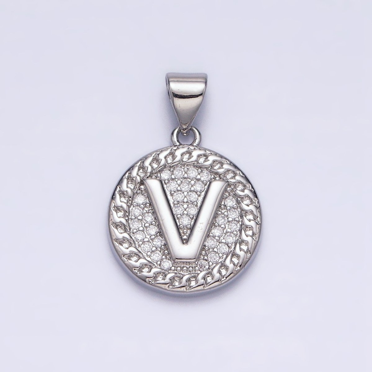 White Gold Filled Initial Letter A-Z Micro Paved Curb Link Round Coin Pendant | A-455-A-467