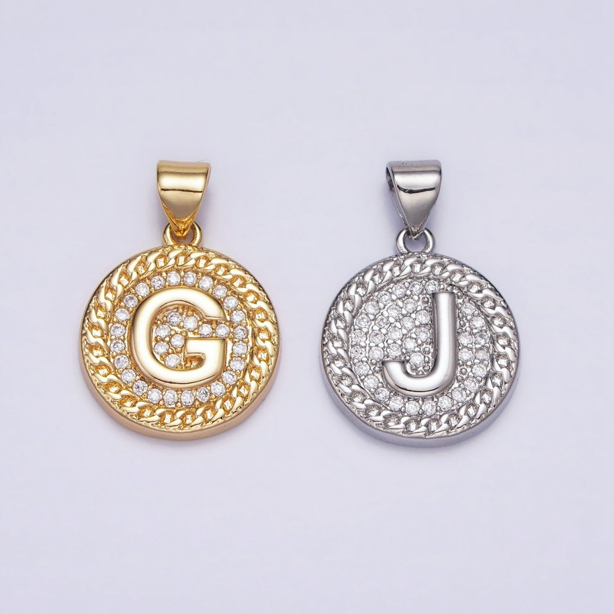 White Gold Filled Initial Letter A-Z Micro Paved Curb Link Round Coin Pendant | A-455-A-467