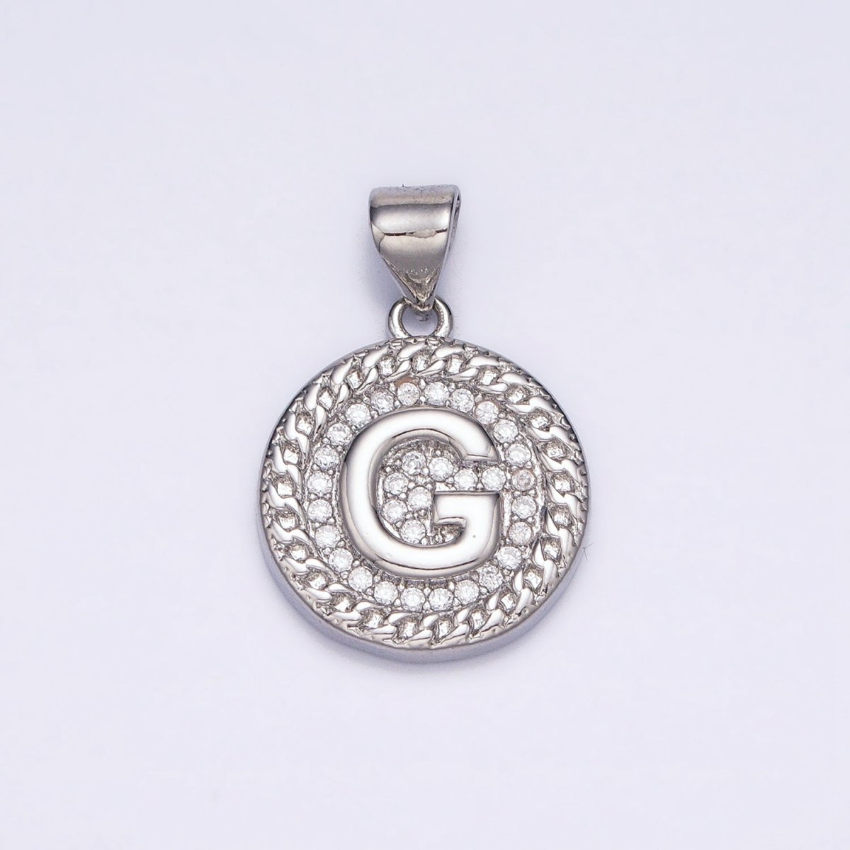 White Gold Filled Initial Letter A-Z Micro Paved Curb Link Round Coin Pendant | A-455-A-467