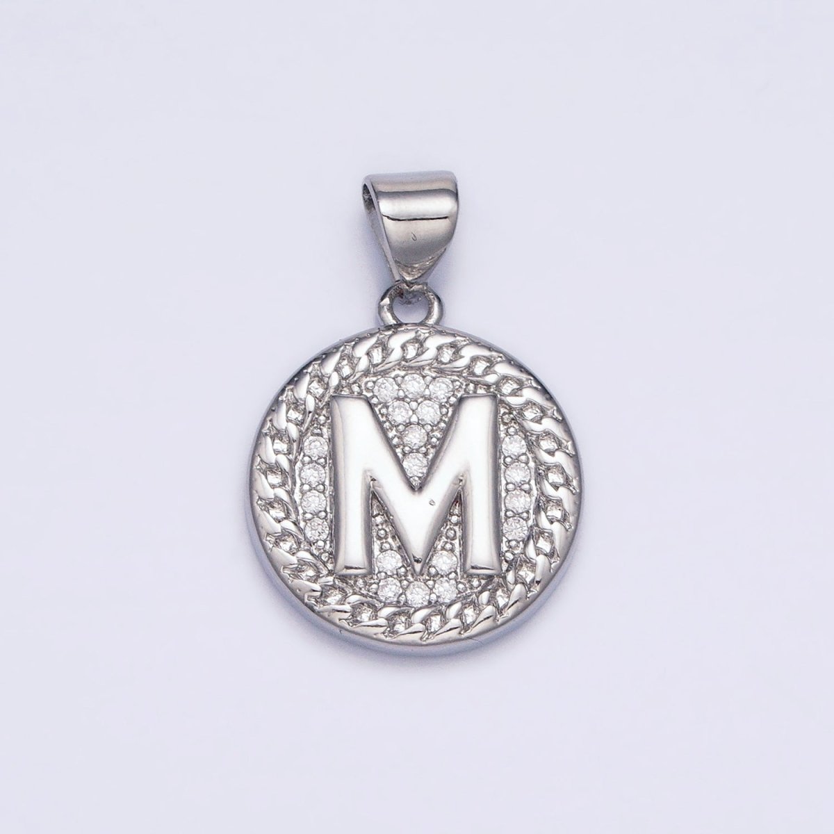 White Gold Filled Initial Letter A-Z Micro Paved Curb Link Round Coin Pendant | A-455-A-467