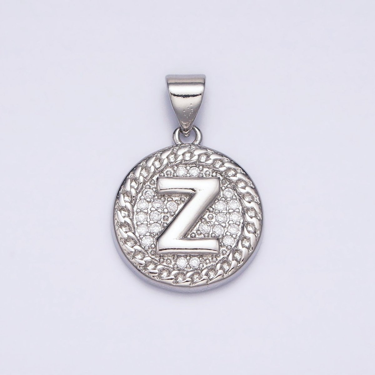 White Gold Filled Initial Letter A-Z Micro Paved Curb Link Round Coin Pendant | A-455-A-467
