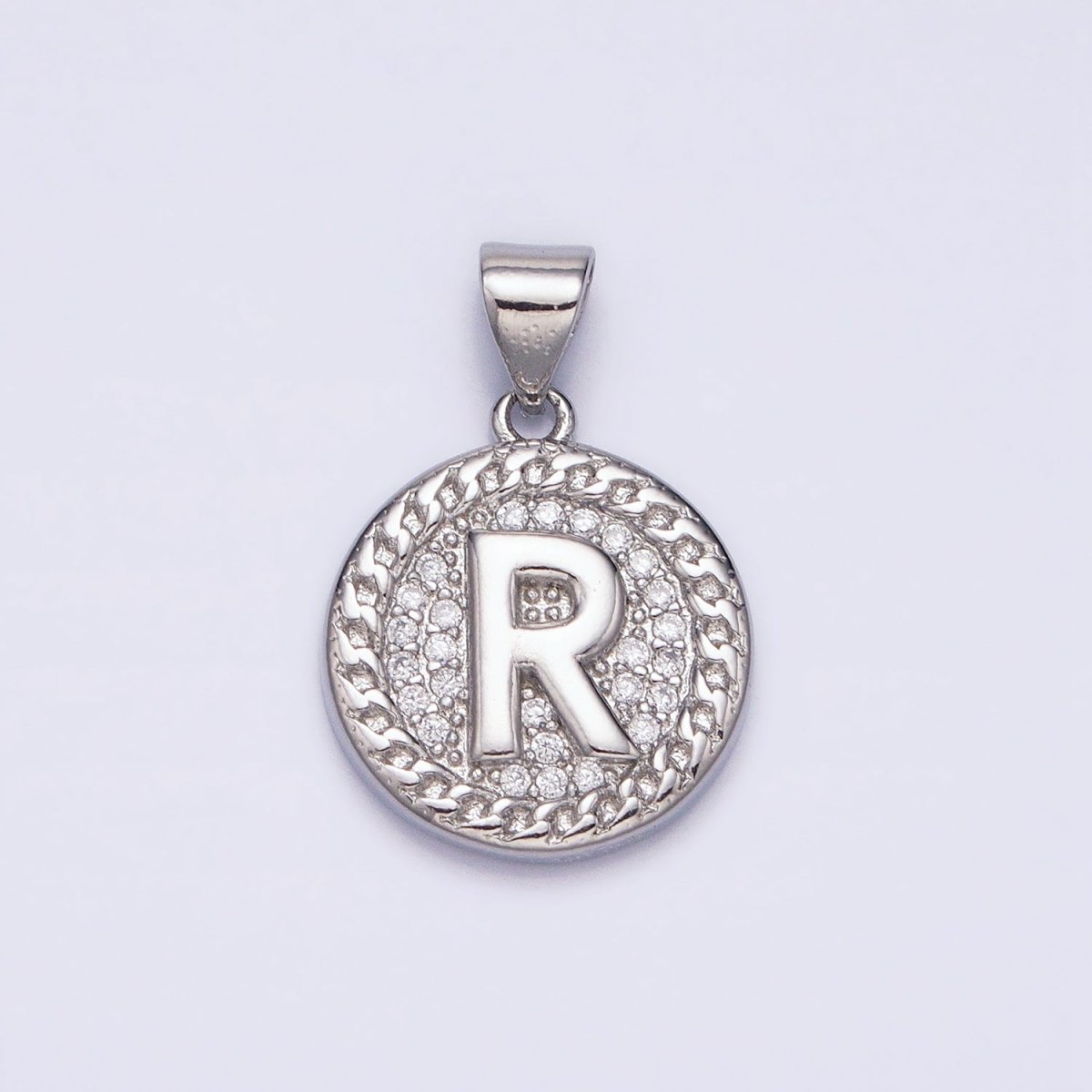 White Gold Filled Initial Letter A-Z Micro Paved Curb Link Round Coin Pendant | A-455-A-467