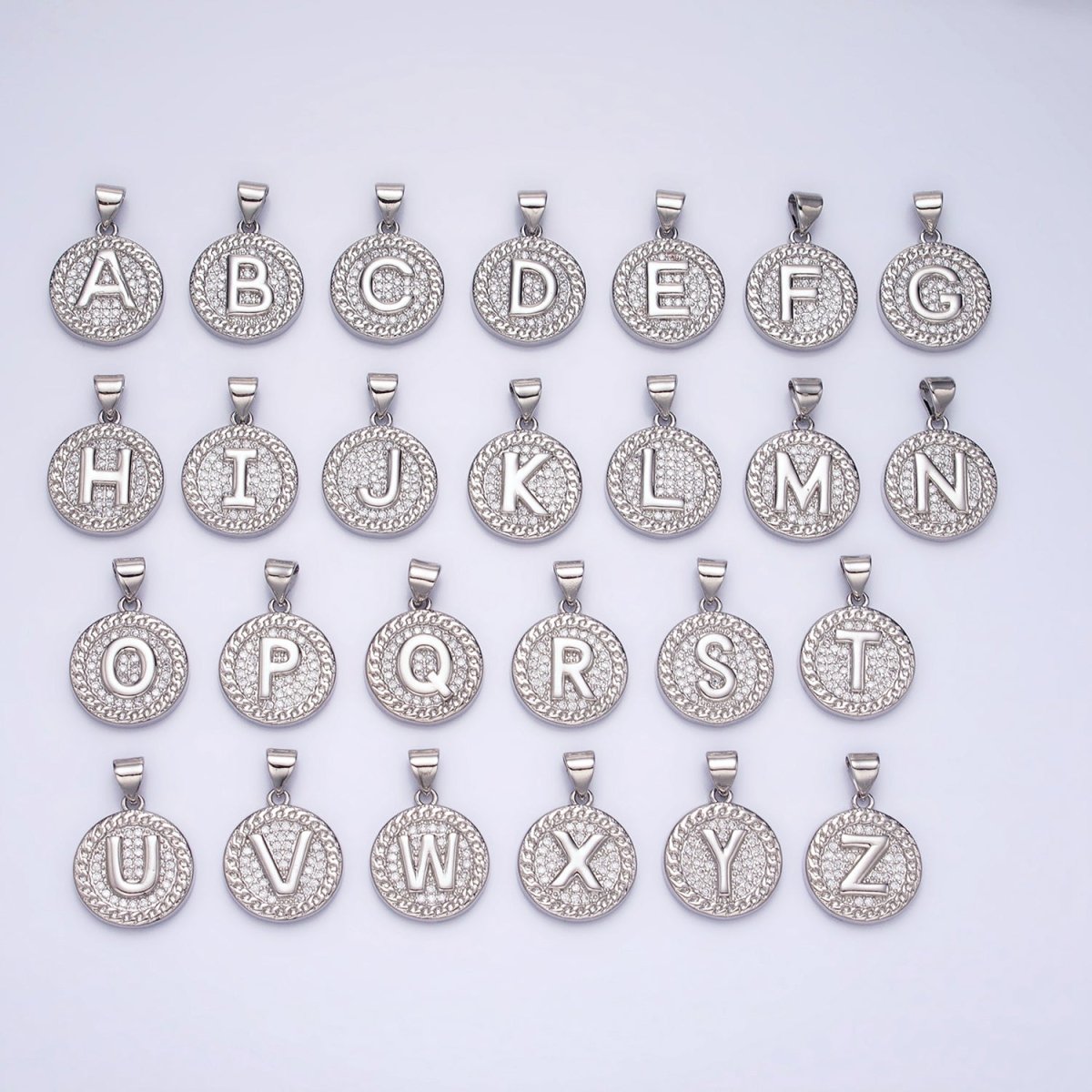 White Gold Filled Initial Letter A-Z Micro Paved Curb Link Round Coin Pendant | A-455-A-467