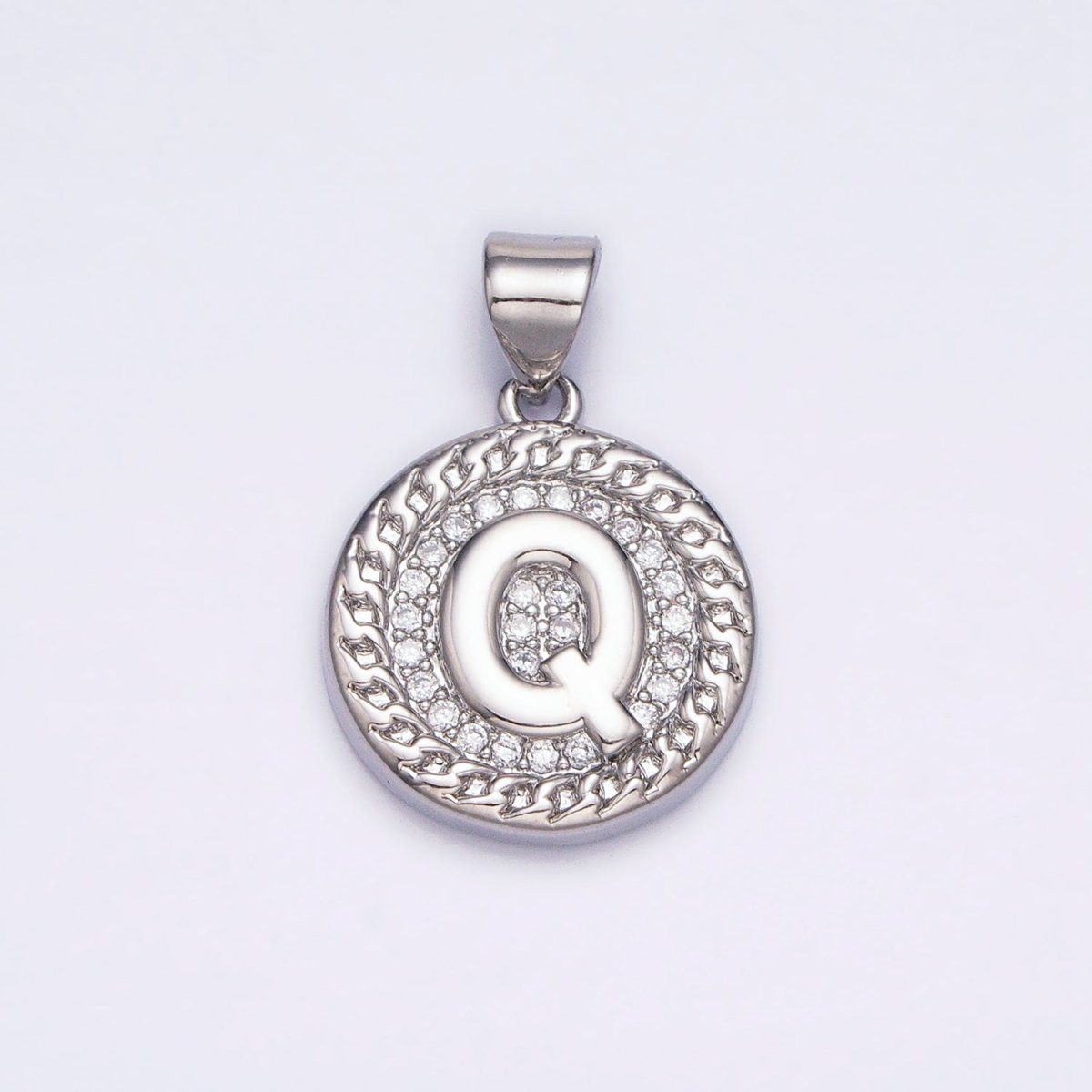 White Gold Filled Initial Letter A-Z Micro Paved Curb Link Round Coin Pendant | A-455-A-467
