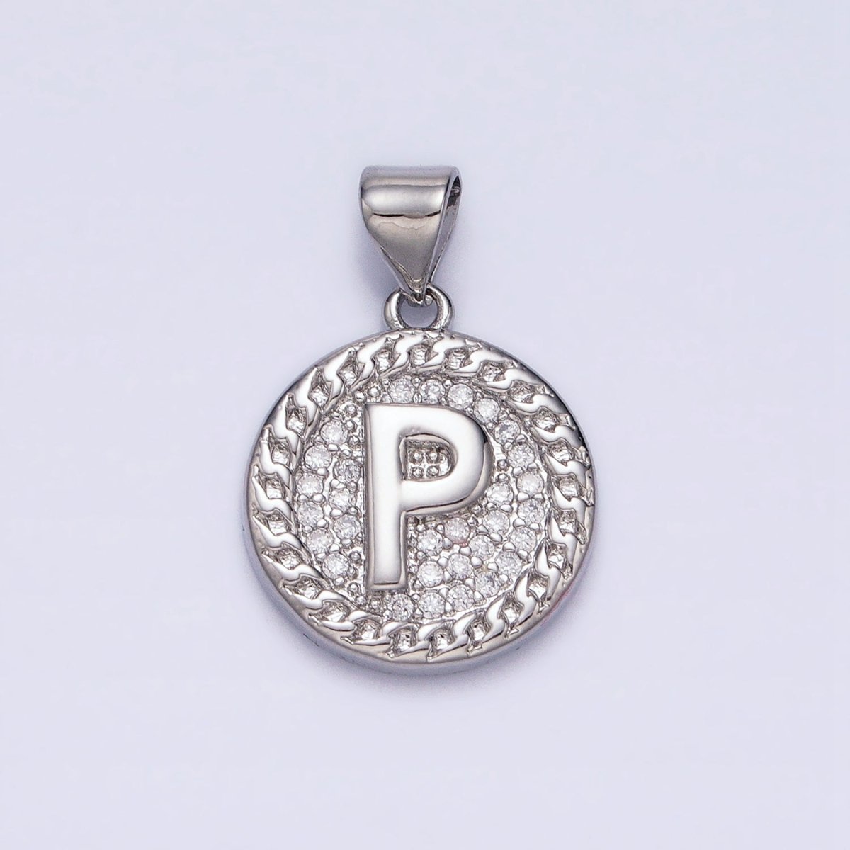 White Gold Filled Initial Letter A-Z Micro Paved Curb Link Round Coin Pendant | A-455-A-467