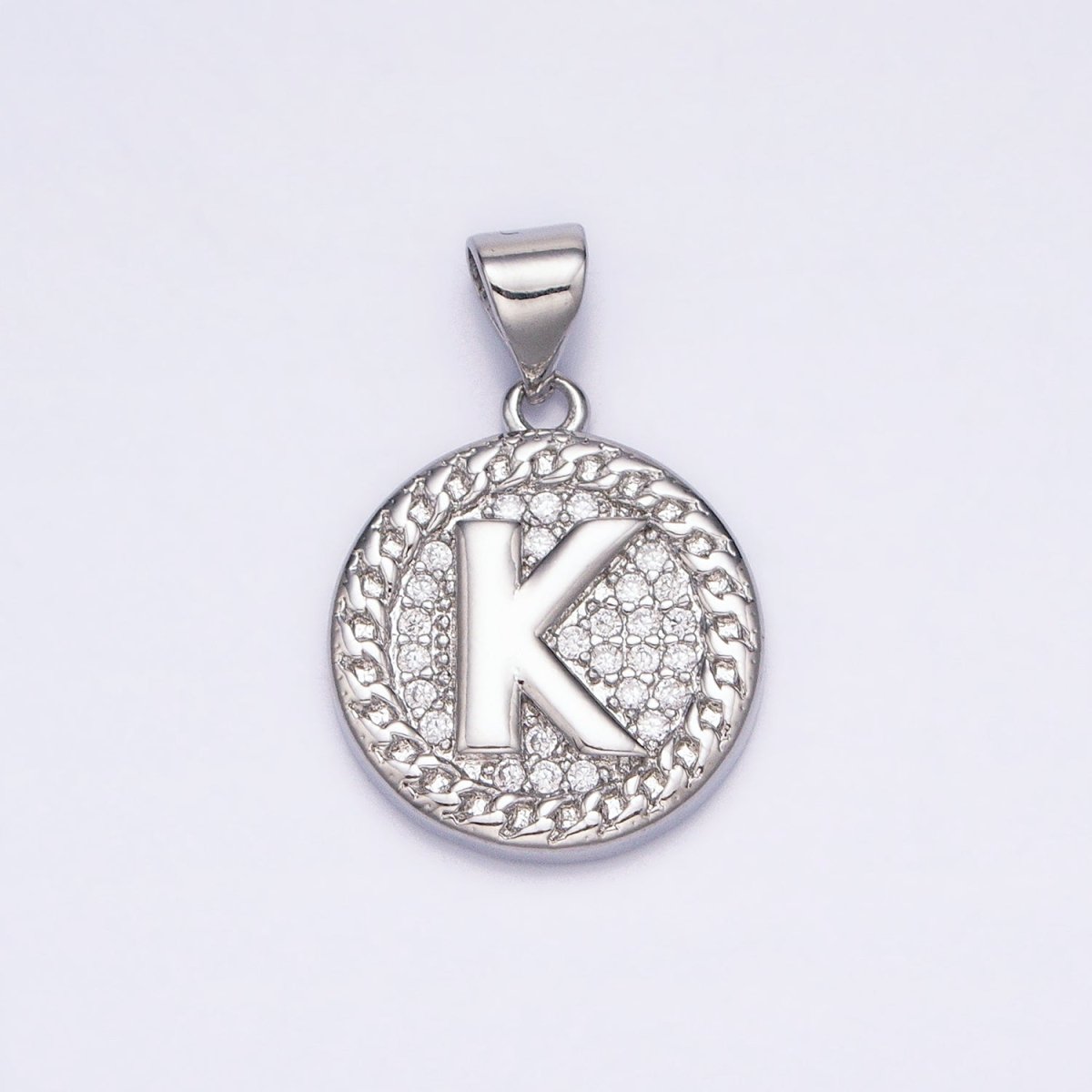 White Gold Filled Initial Letter A-Z Micro Paved Curb Link Round Coin Pendant | A-455-A-467