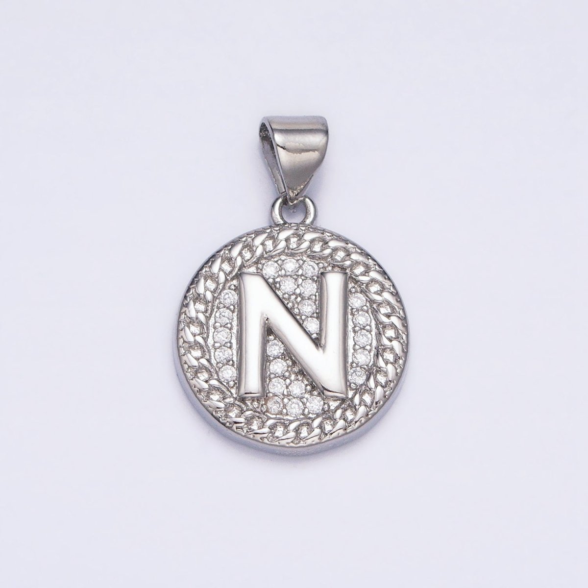 White Gold Filled Initial Letter A-Z Micro Paved Curb Link Round Coin Pendant | A-455-A-467