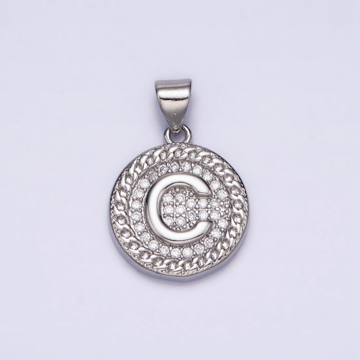 White Gold Filled Initial Letter A-Z Micro Paved Curb Link Round Coin Pendant | A-455-A-467