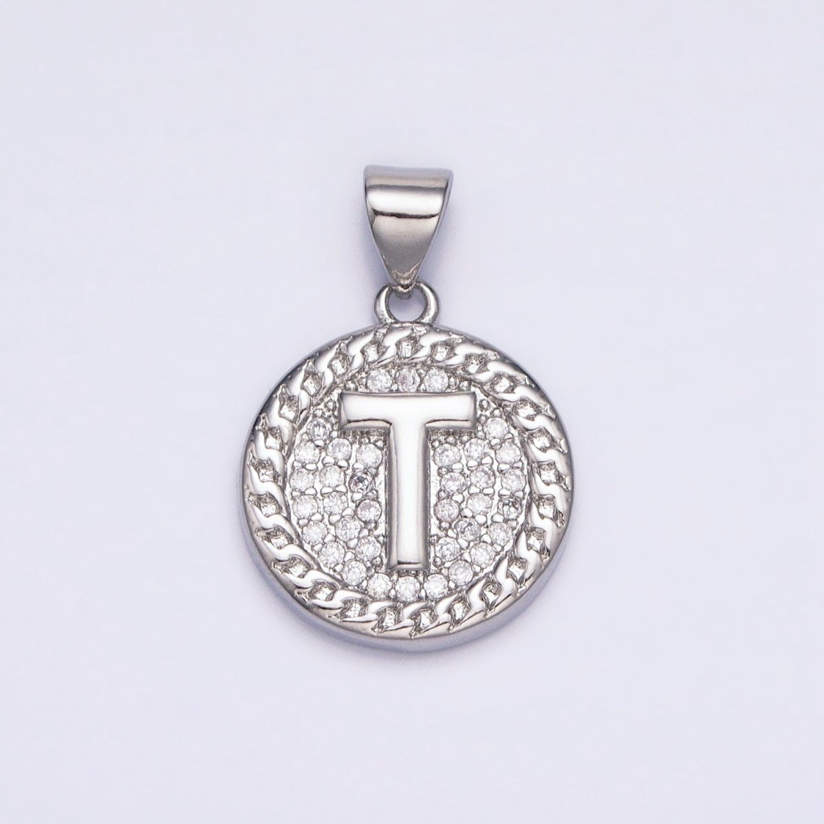 White Gold Filled Initial Letter A-Z Micro Paved Curb Link Round Coin Pendant | A-455-A-467