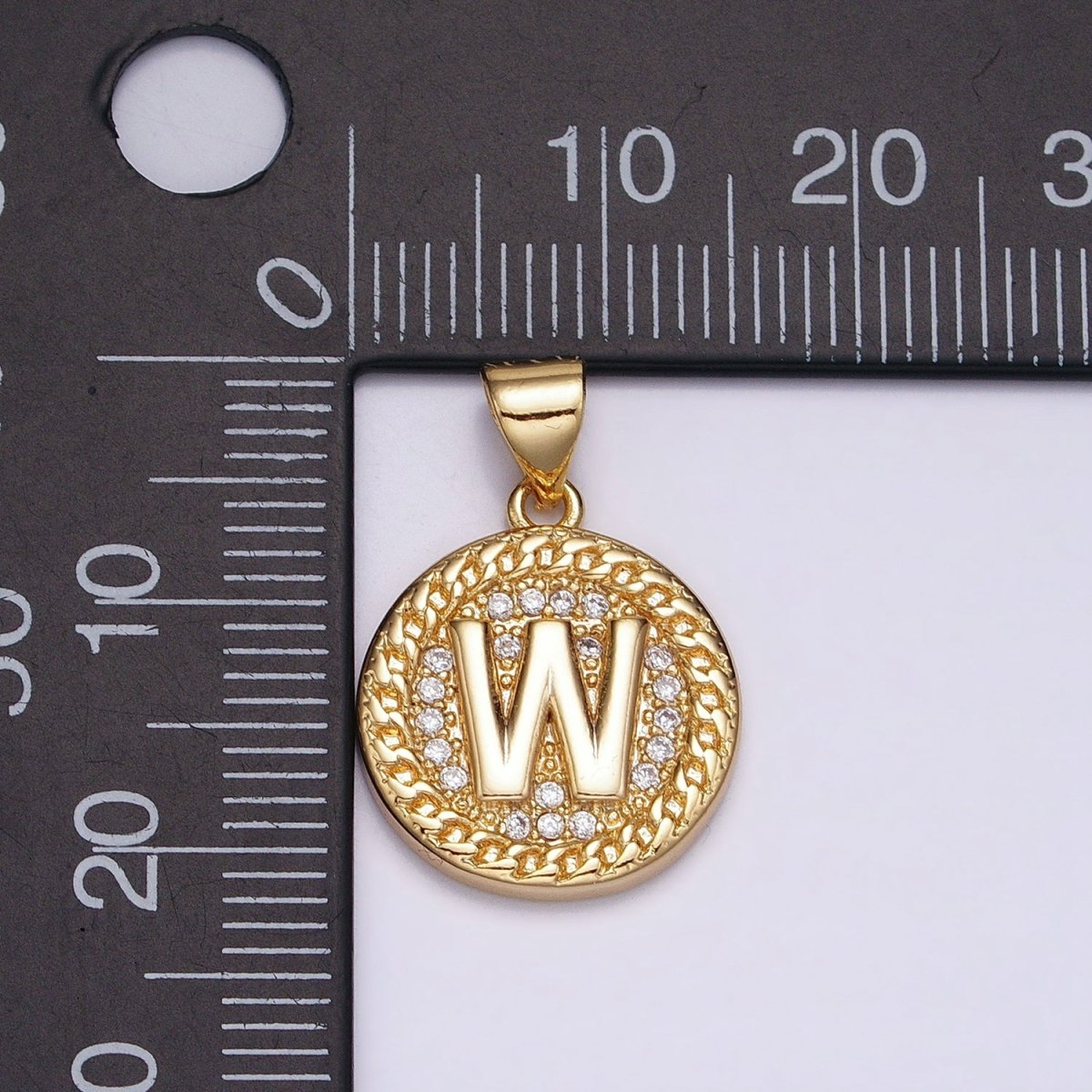 White Gold Filled Initial Letter A-Z Micro Paved Curb Link Round Coin Pendant | A-455-A-467