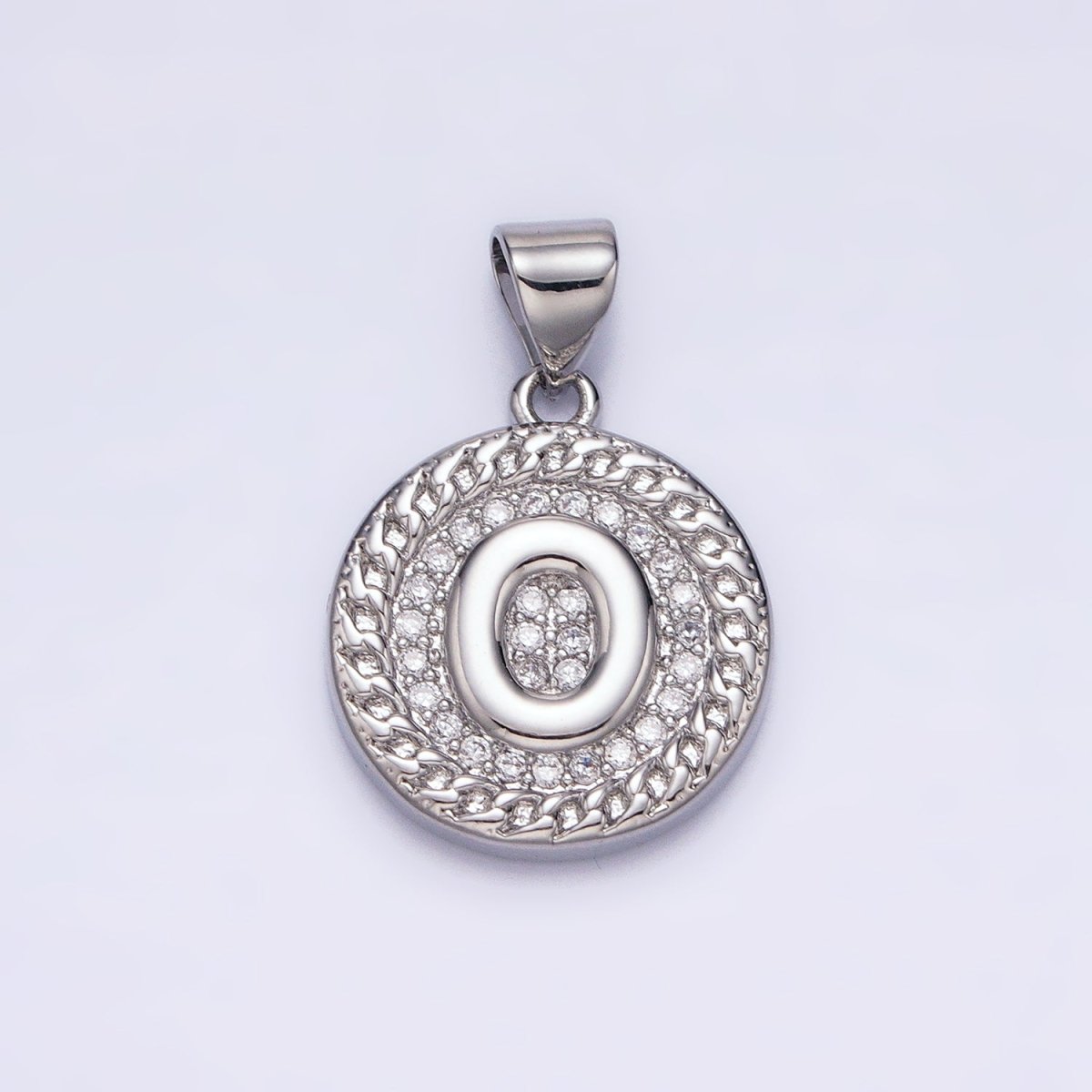 White Gold Filled Initial Letter A-Z Micro Paved Curb Link Round Coin Pendant | A-455-A-467