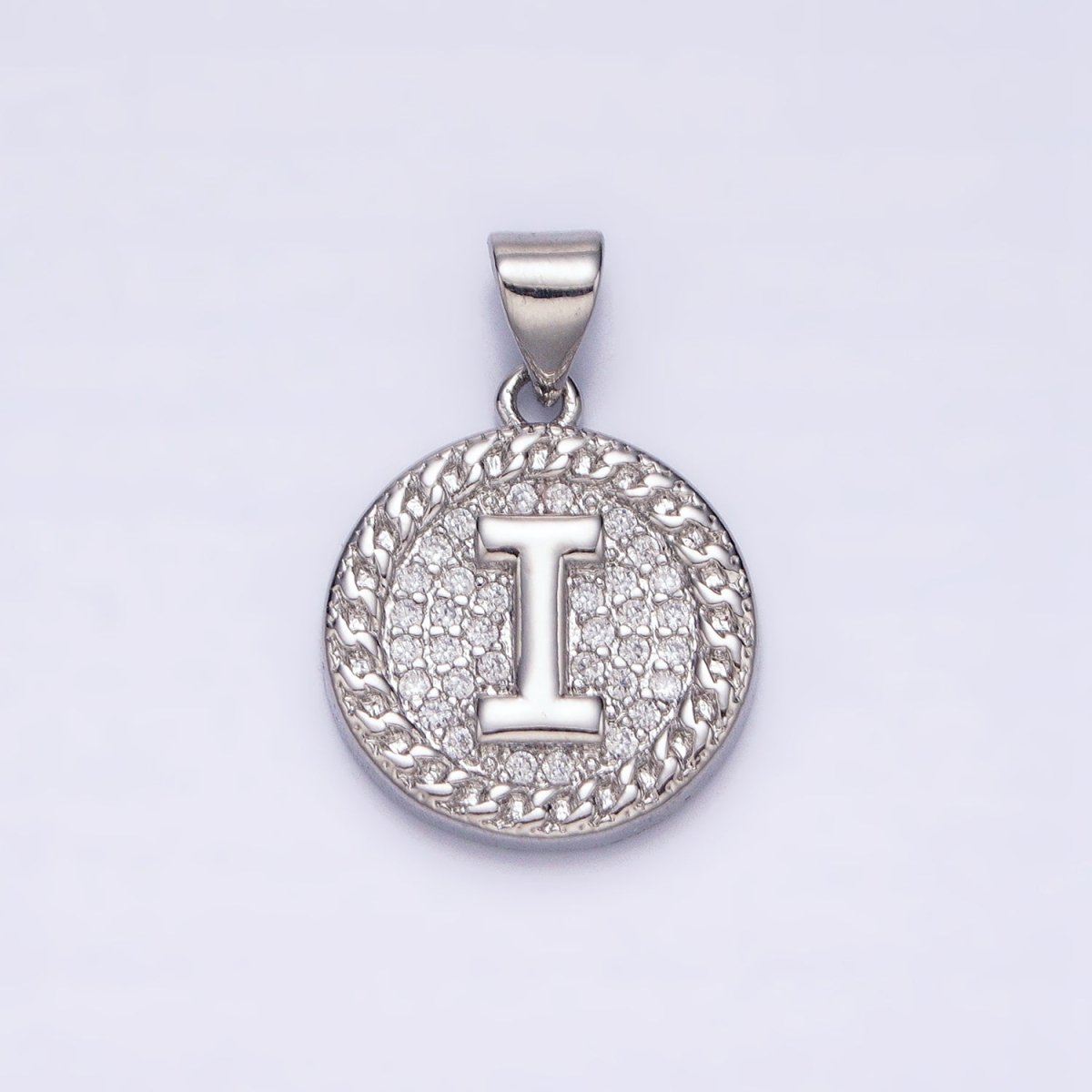 White Gold Filled Initial Letter A-Z Micro Paved Curb Link Round Coin Pendant | A-455-A-467
