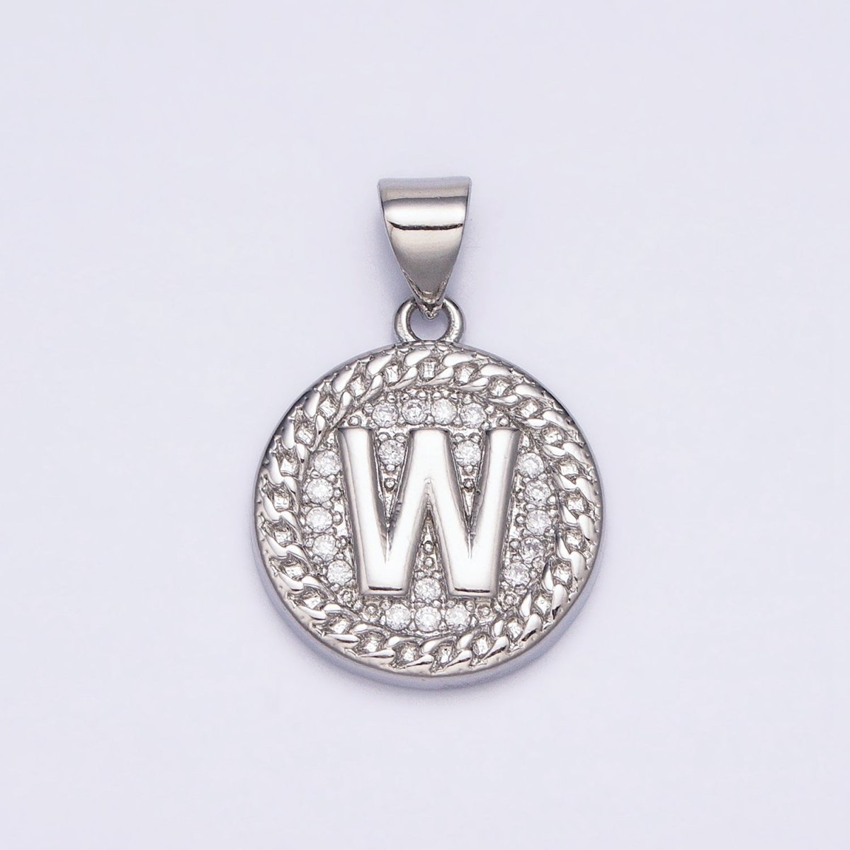 White Gold Filled Initial Letter A-Z Micro Paved Curb Link Round Coin Pendant | A-455-A-467