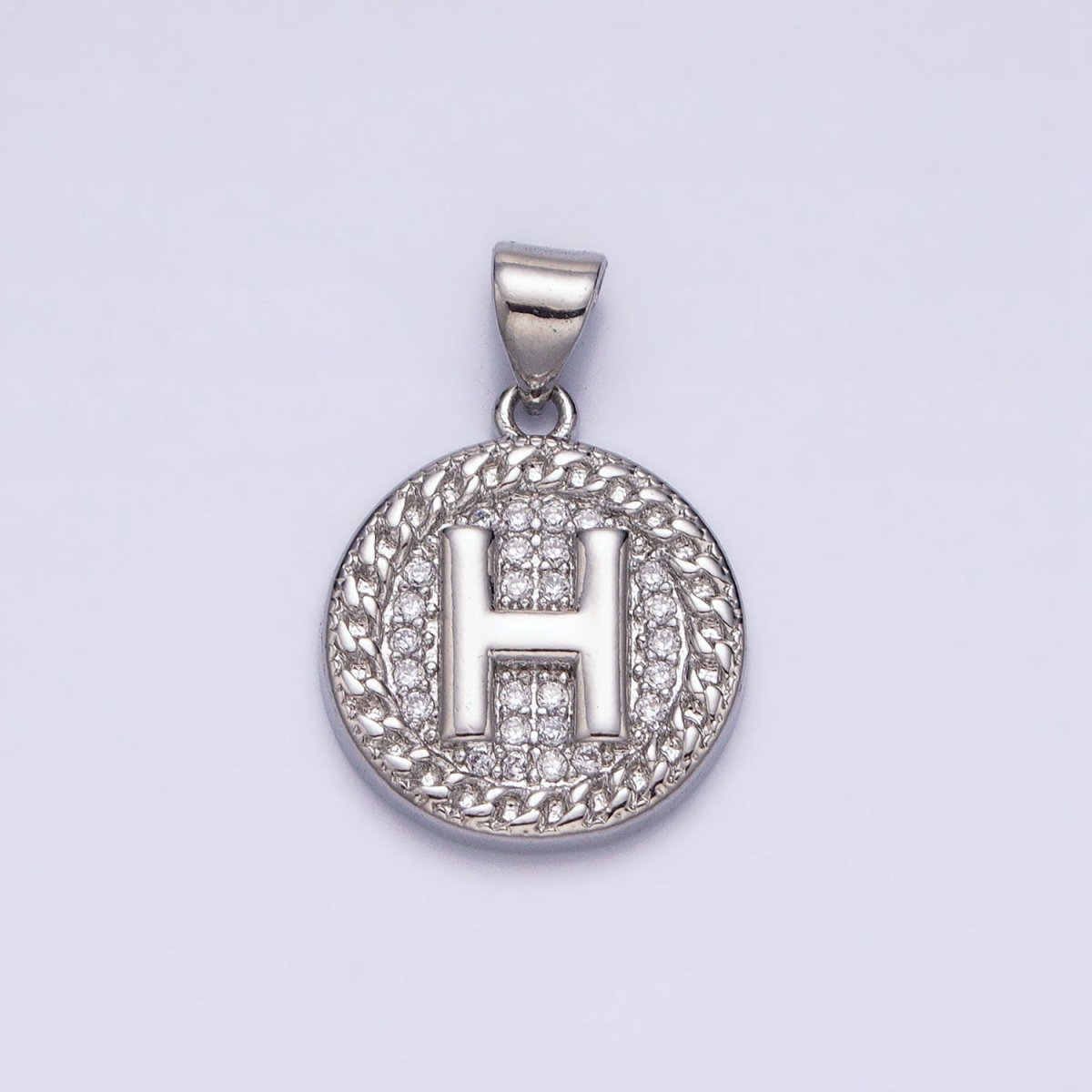 White Gold Filled Initial Letter A-Z Micro Paved Curb Link Round Coin Pendant | A-455-A-467