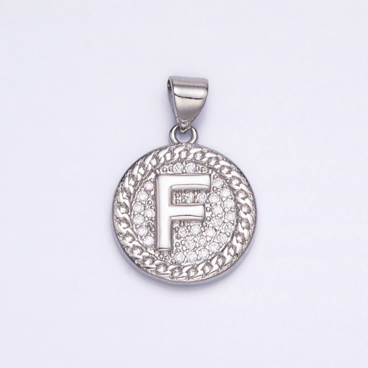 White Gold Filled Initial Letter A-Z Micro Paved Curb Link Round Coin Pendant | A-455-A-467