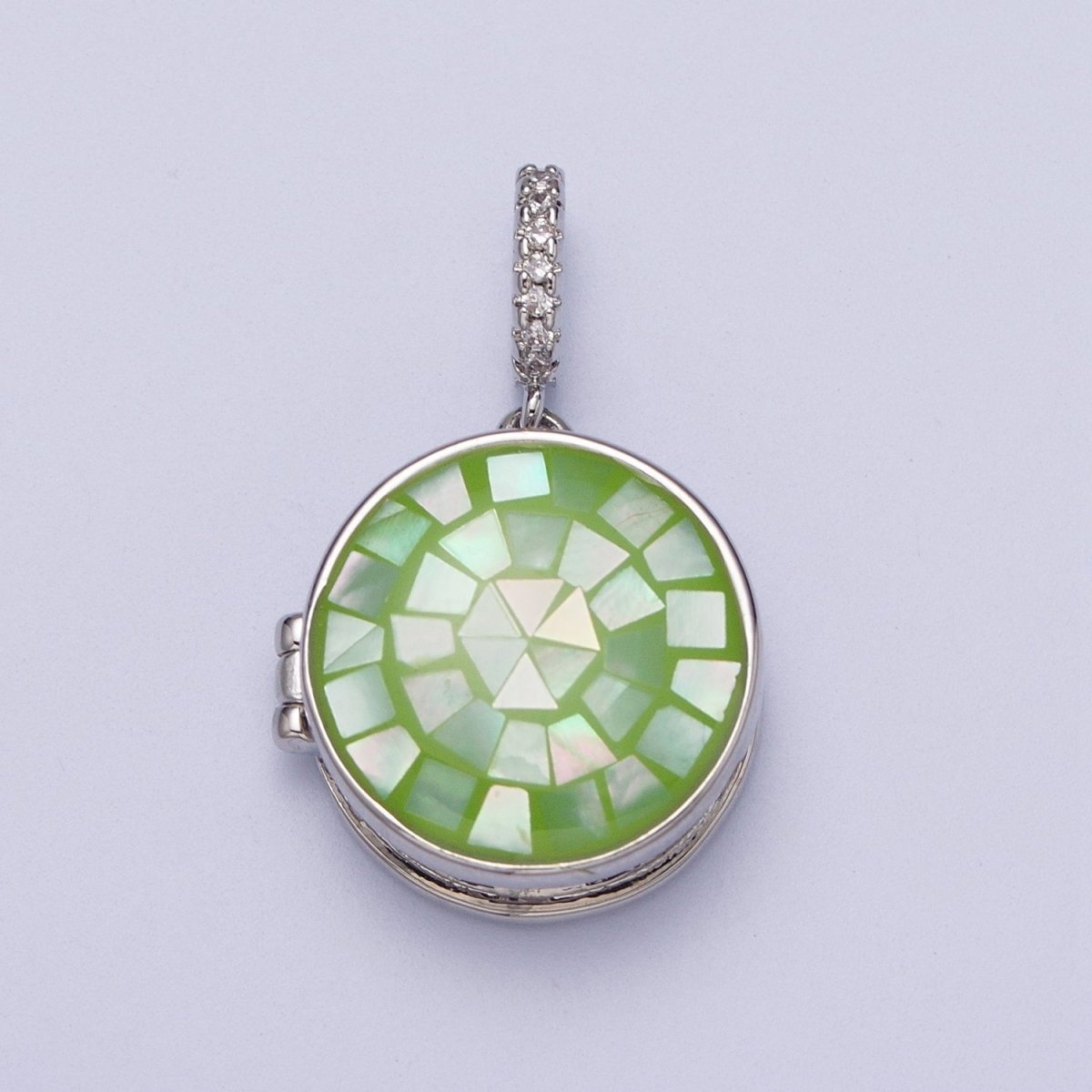 White Gold Filled Marian Cross Black, Green, Pink, White, Green Shell Opal Round Locket Pendant  H-044 H-052 H-060 H-066 H-073