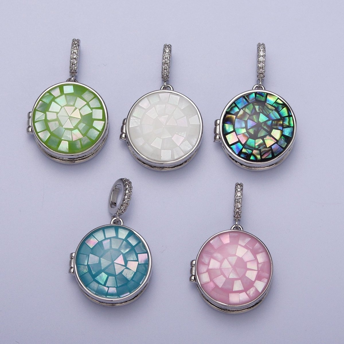 White Gold Filled Marian Cross Black, Green, Pink, White, Green Shell Opal Round Locket Pendant  H-044 H-052 H-060 H-066 H-073