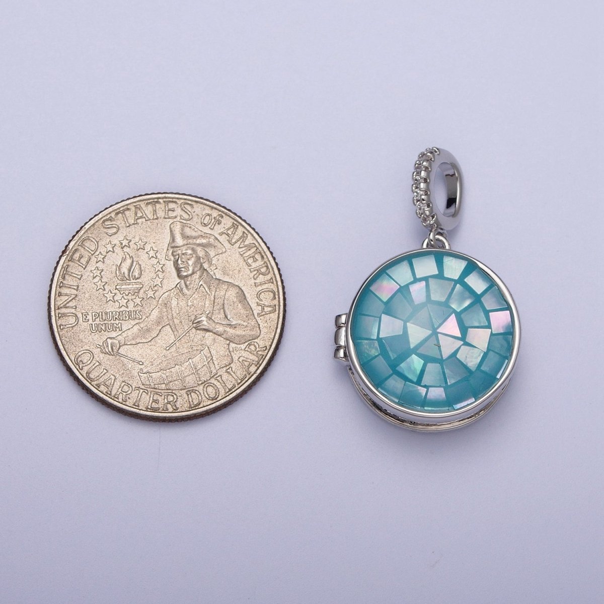 White Gold Filled Marian Cross Black, Green, Pink, White, Green Shell Opal Round Locket Pendant  H-044 H-052 H-060 H-066 H-073