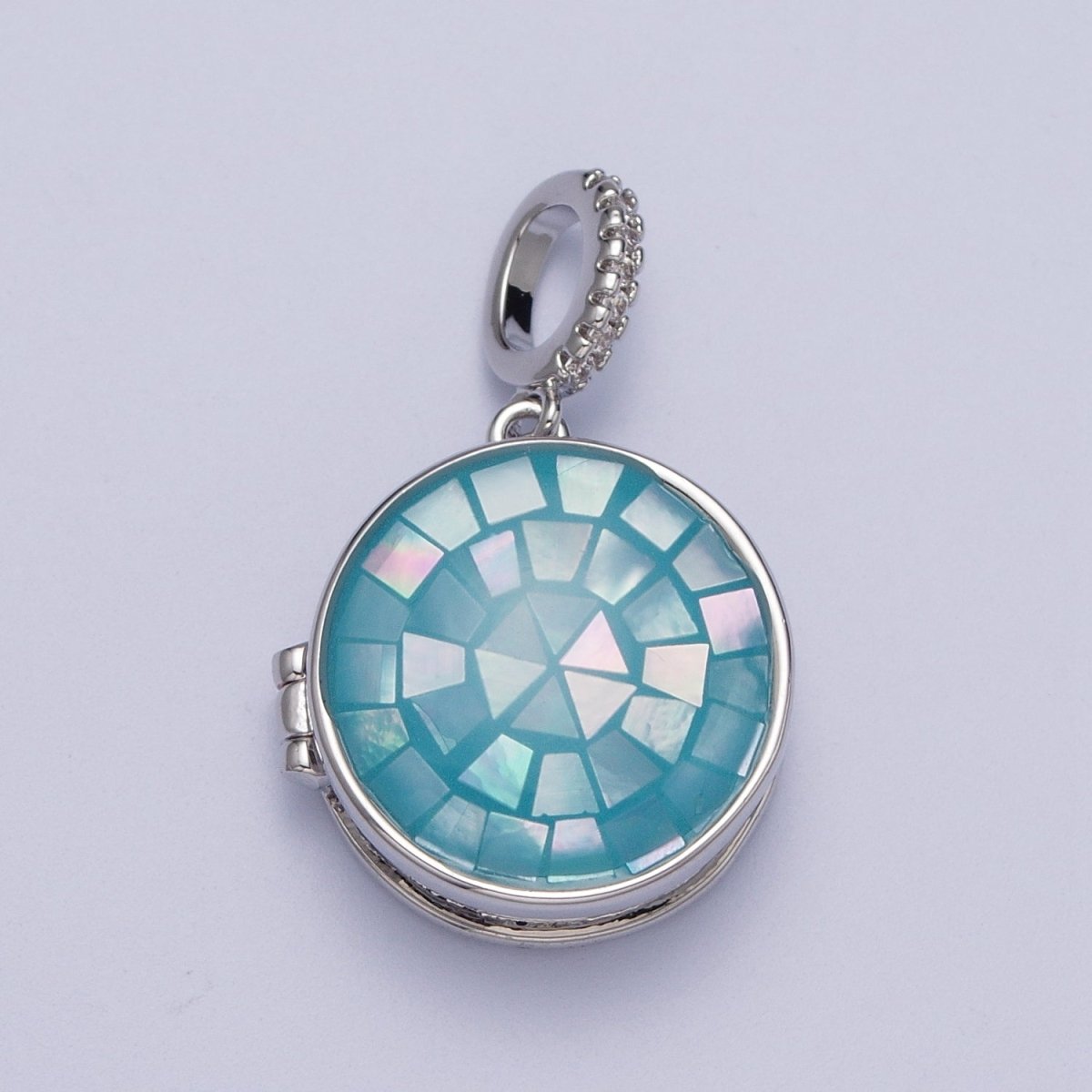 White Gold Filled Marian Cross Black, Green, Pink, White, Green Shell Opal Round Locket Pendant  H-044 H-052 H-060 H-066 H-073