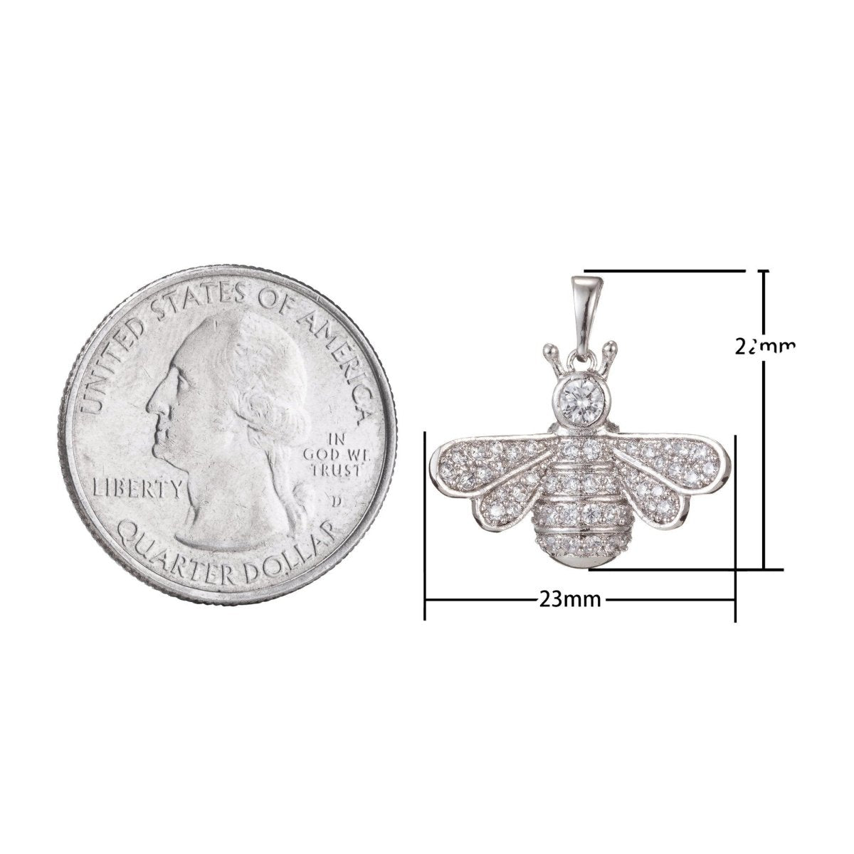 OS White Gold Filled Micro Pave CZ Bee Pendant Charm, Insect Bug Pendant Charm, White Gold Animal Pendant, For DIY Jewelry I-471