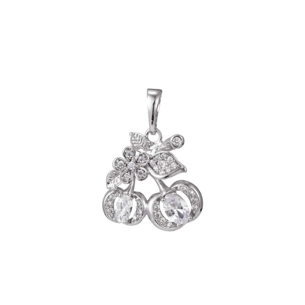 White Gold Filled Micro Pave CZ Cherry Pendant Charm, Micro Pave CZ Cherry Pendant Charm, Gold Filled Fruit Pendant, For DIY Jewelry I-395 I-457