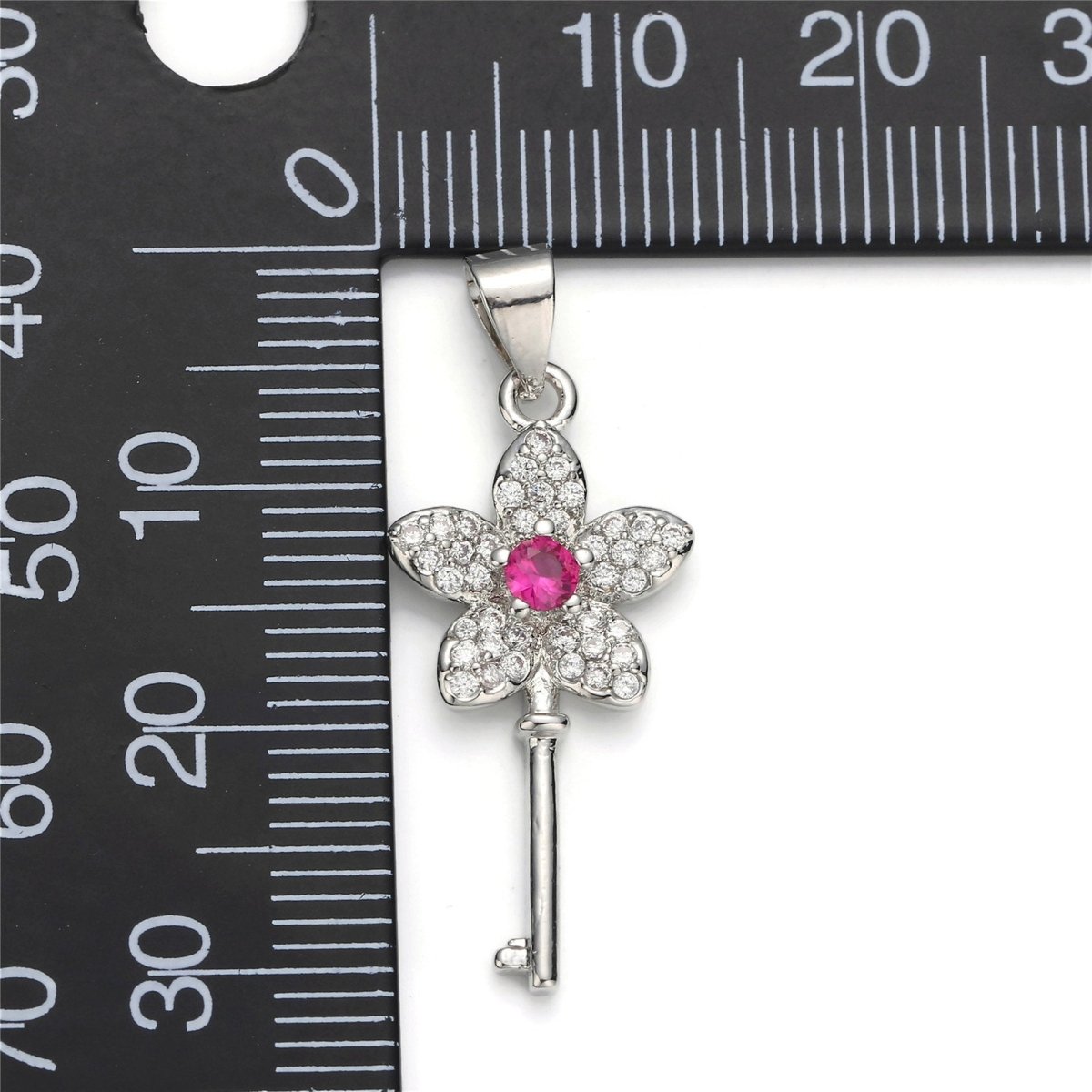 White Gold Filled Micro Pave CZ Flower Key Pendant Charm, Micro Pave CZ Key Pendant Charm, White Gold Key Pendant, For DIY Jewelry I-607 - DLUXCA