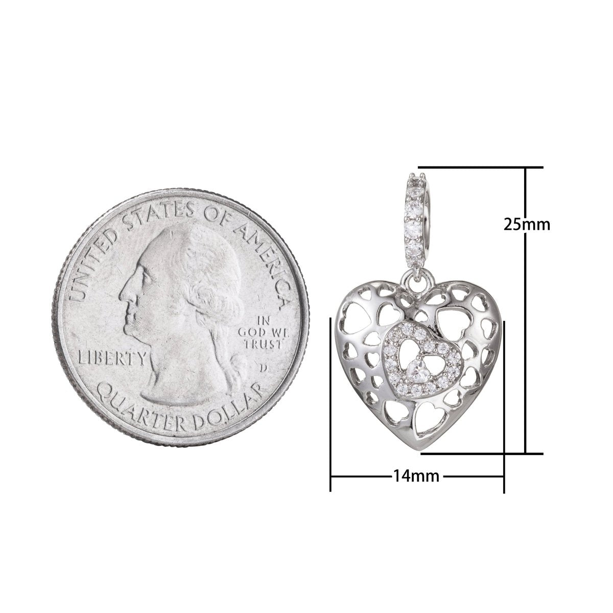 White Gold Filled Micro Pave CZ Heart Pendant Charm, Link Heart Micro Pave CZ Pendant Charm, White Gold Filled Pendant, For DIY Jewelry I-468 - DLUXCA