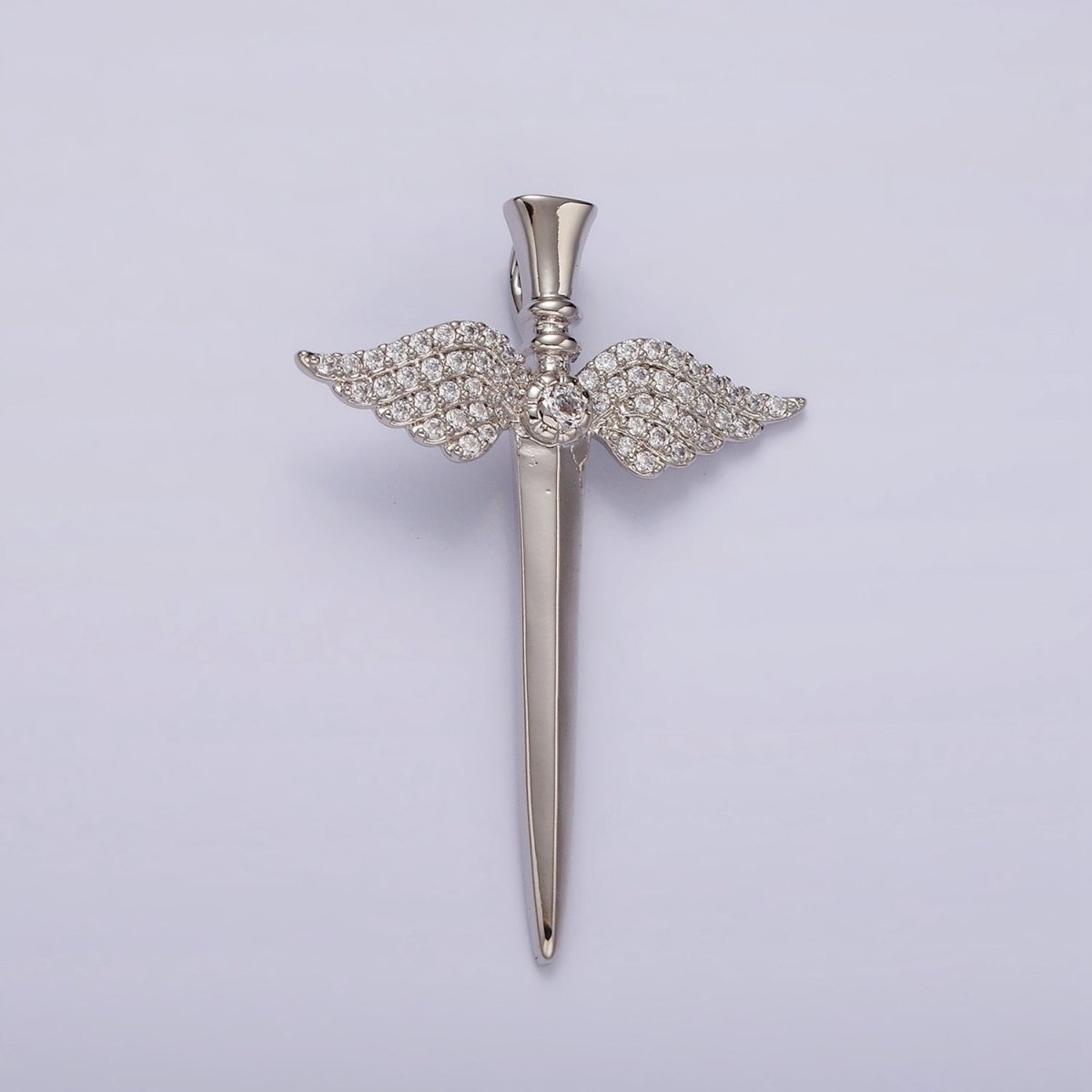 White Gold Filled Micro Paved CZ Angel Wings Sword Weapon Back Loop Pendant | N1872 - DLUXCA