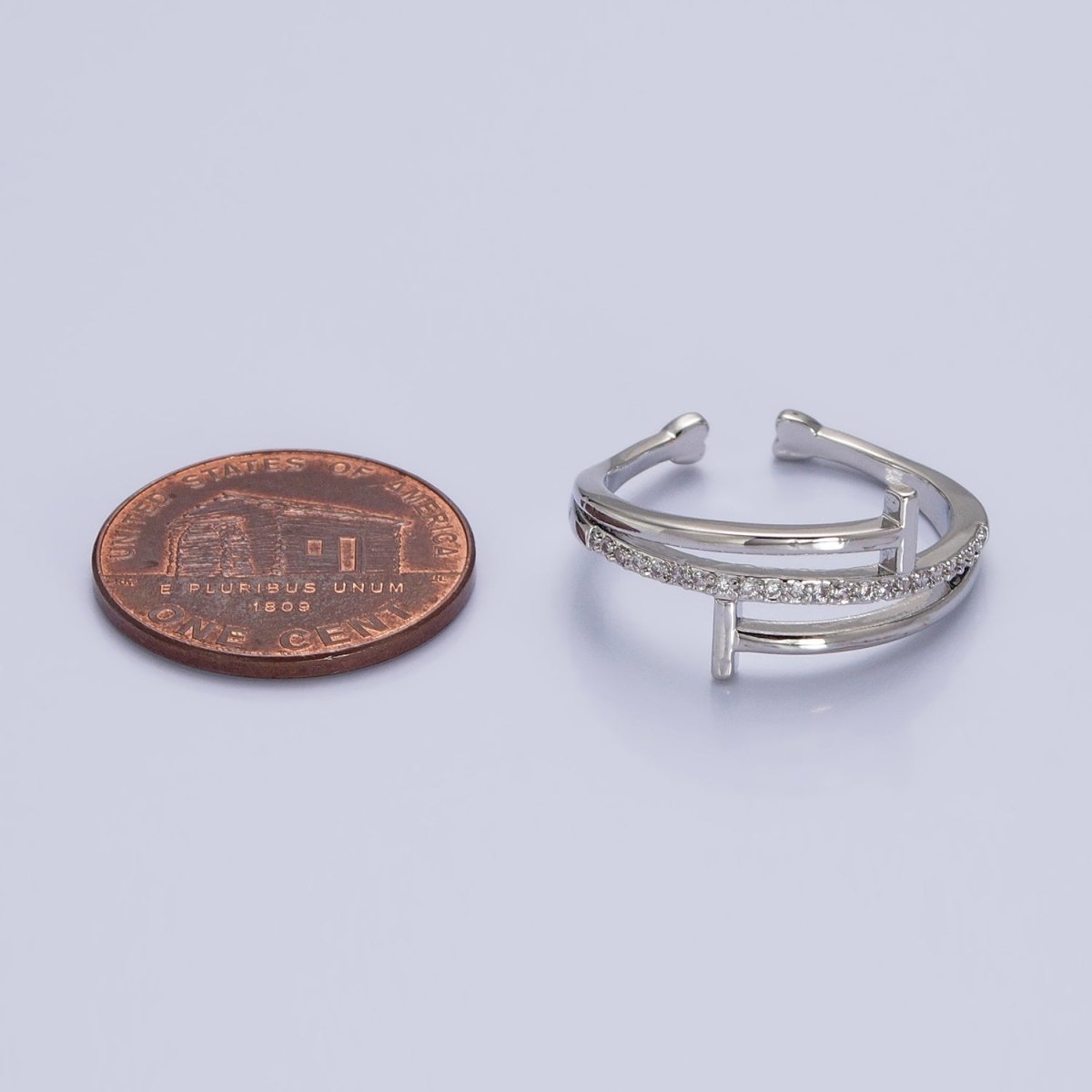 White Gold Filled Micro Paved Geometric Double T-Nail Heart End Adjustable Silver Ring | O-002 - DLUXCA