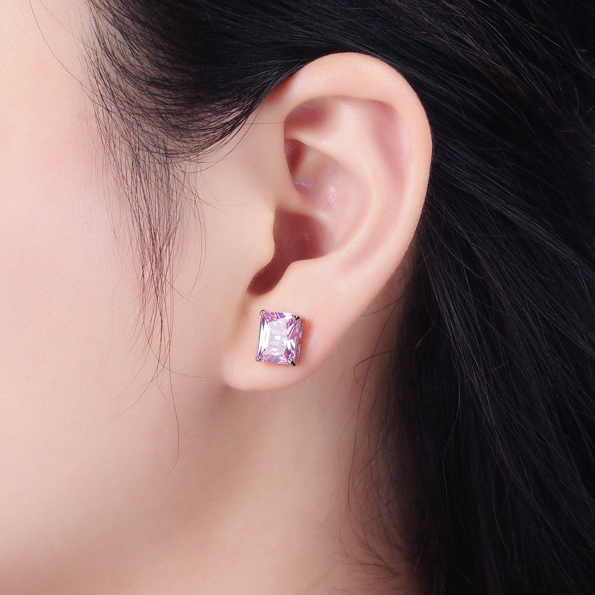 White Gold Filled Olive Green, Clear, Pink CZ Baguette Stud Earrings | AE922 - AE924