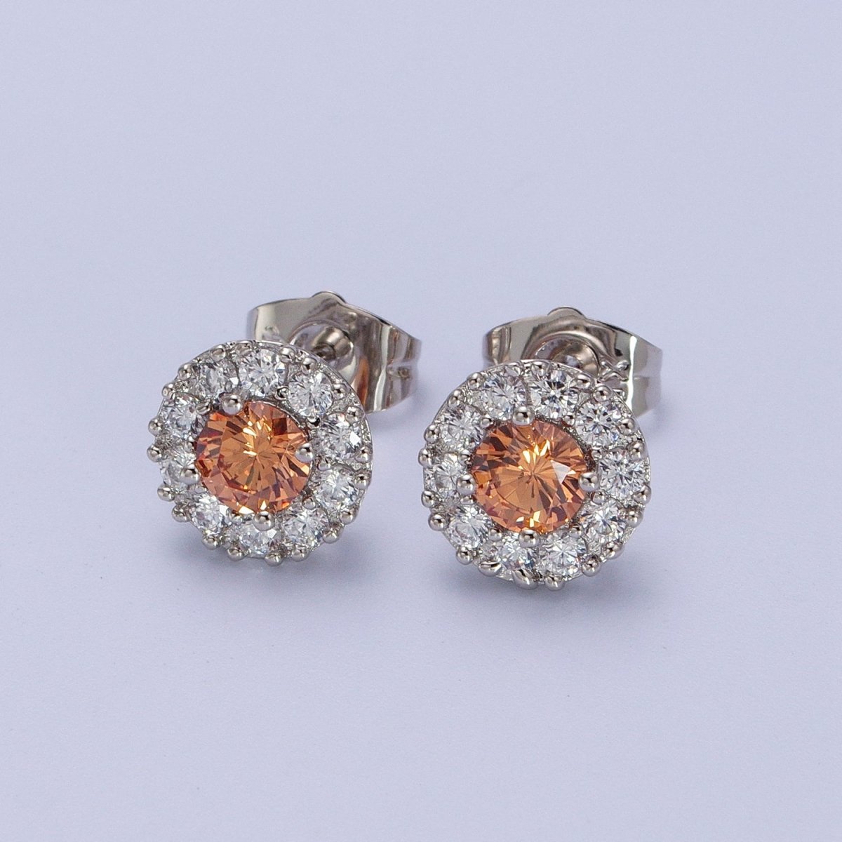 White Gold Filled Pink, Clear, Orange CZ 10mm Round Stud Earrings | V-007 AD-289 AD-290