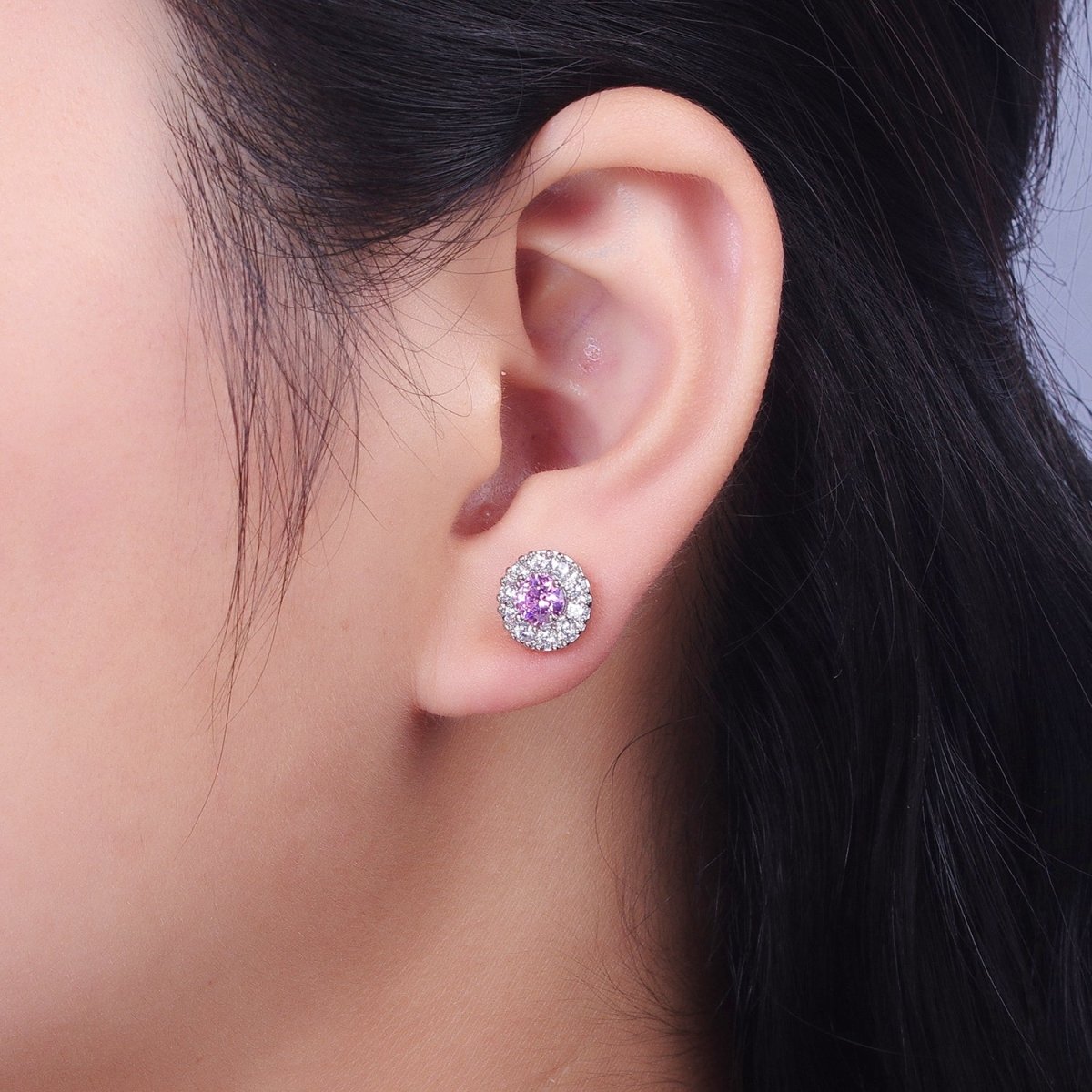 White Gold Filled Pink, Clear, Orange CZ 10mm Round Stud Earrings | V-007 AD-289 AD-290