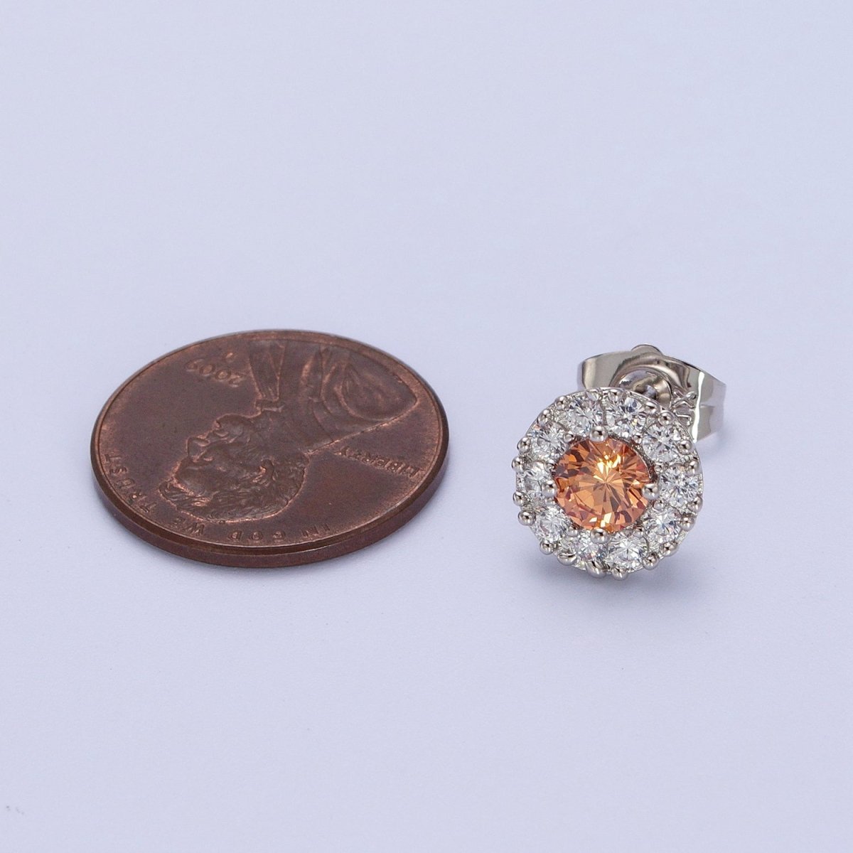 White Gold Filled Pink, Clear, Orange CZ 10mm Round Stud Earrings | V-007 AD-289 AD-290