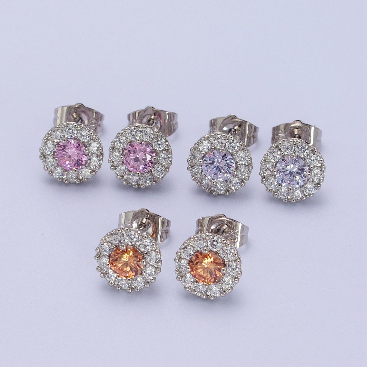White Gold Filled Pink, Clear, Orange CZ 10mm Round Stud Earrings | V-007 AD-289 AD-290