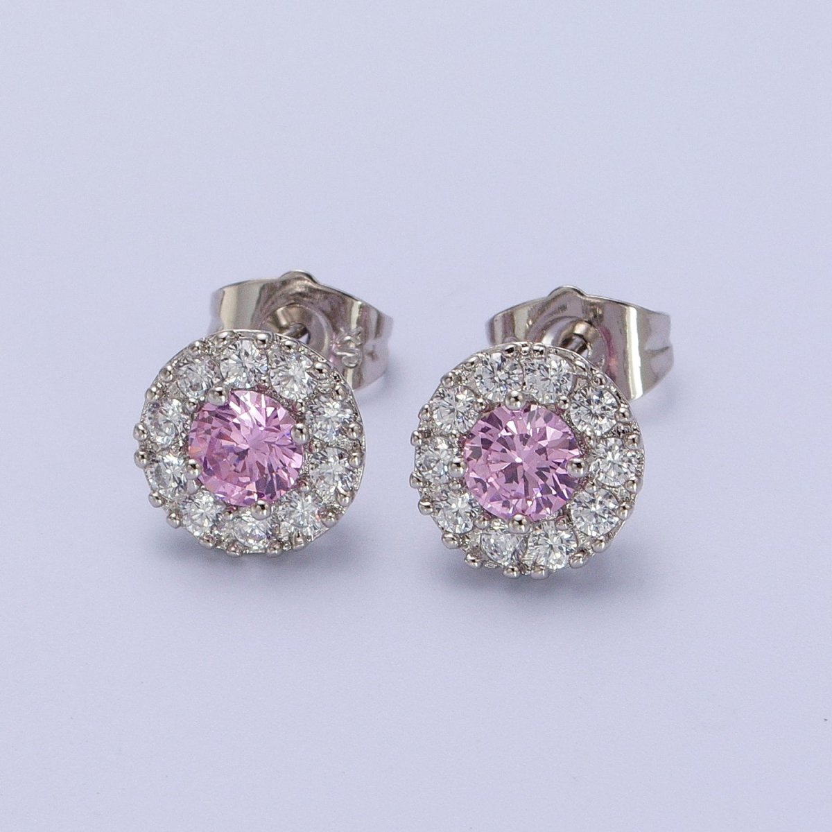 White Gold Filled Pink, Clear, Orange CZ 10mm Round Stud Earrings | V-007 AD-289 AD-290