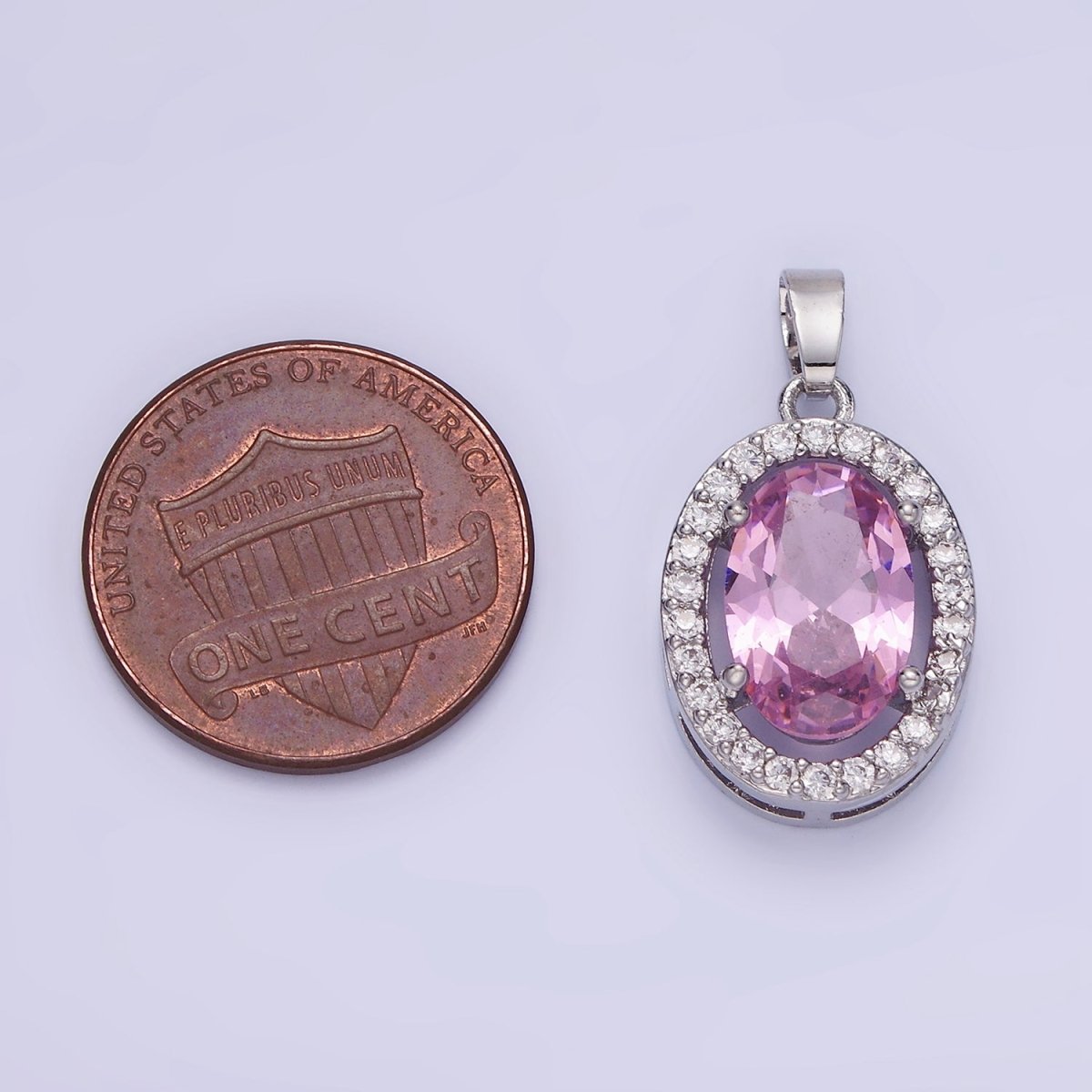 White Gold Filled Pink CZ Oval Micro Paved Pendant | AA1168 - DLUXCA