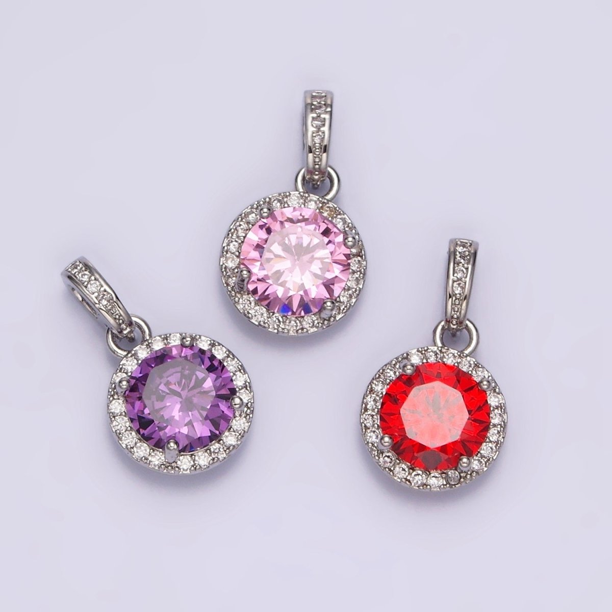 White Gold Filled Pink, Purple, Red Round Micro Paved CZ Bail Pendant | N1813 - N1815
